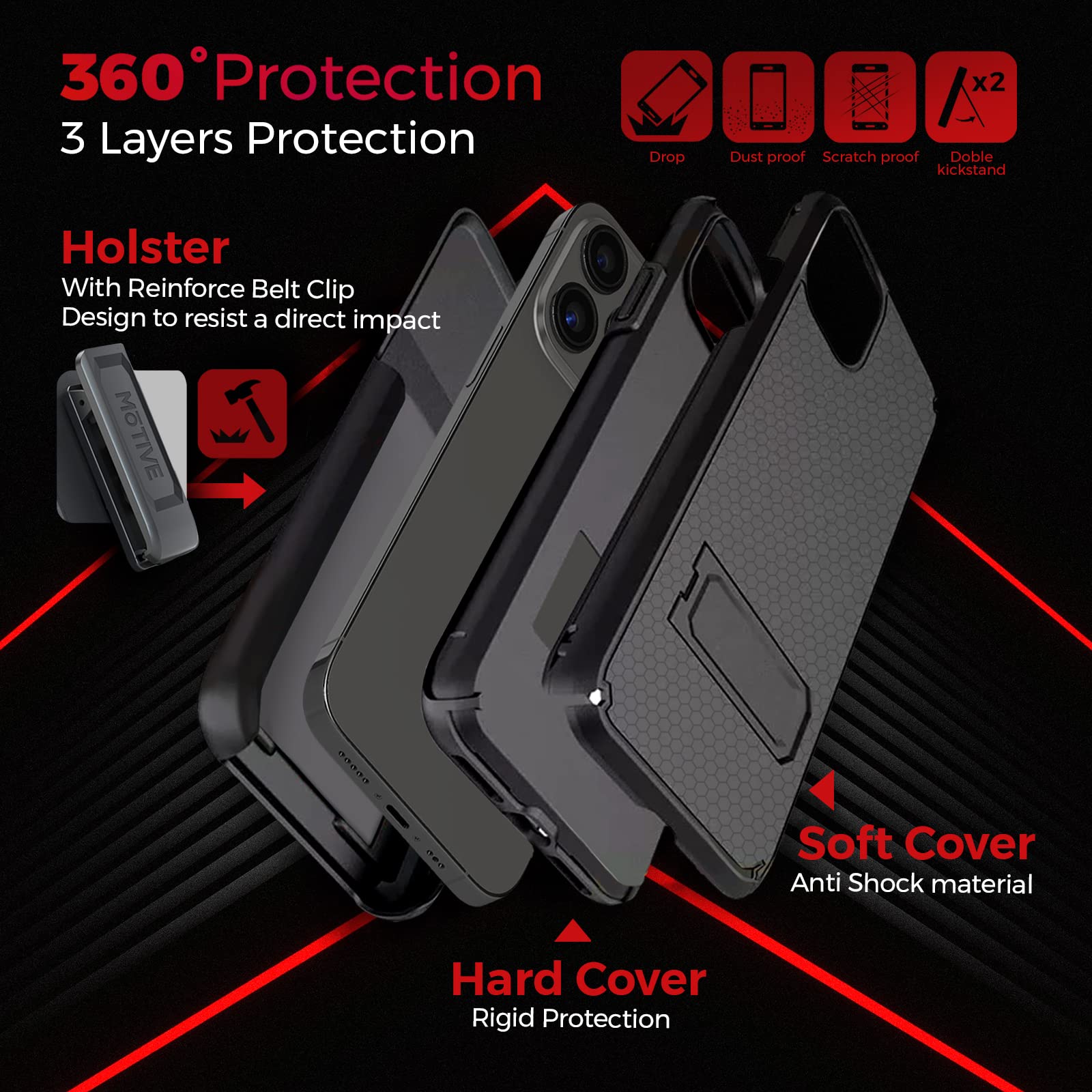 MOTIVE iPhone 13 Pro Case Holster Heavy Duty Rugged Drop Shockproof with Kickstand Belt Clip Black 6.1 inch