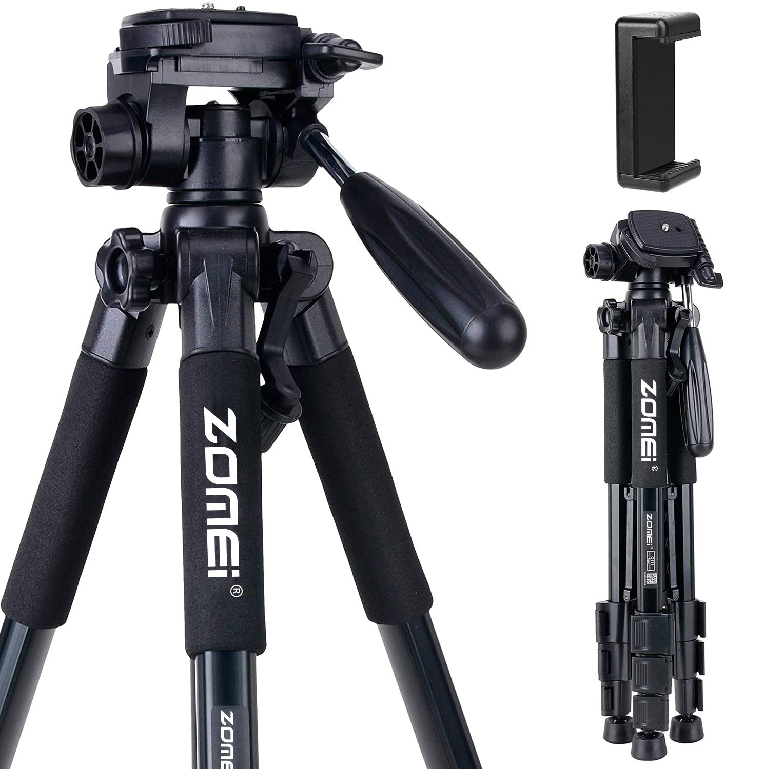 Camera Tripod 55 Inch Q111 With Phone Holder,Cell Phone Tripod Stand Protable Lightweight For Canon Nikon Sony Dslr Projector Webcam Spotting Scopes Gopro And Smartphones Live(Black)