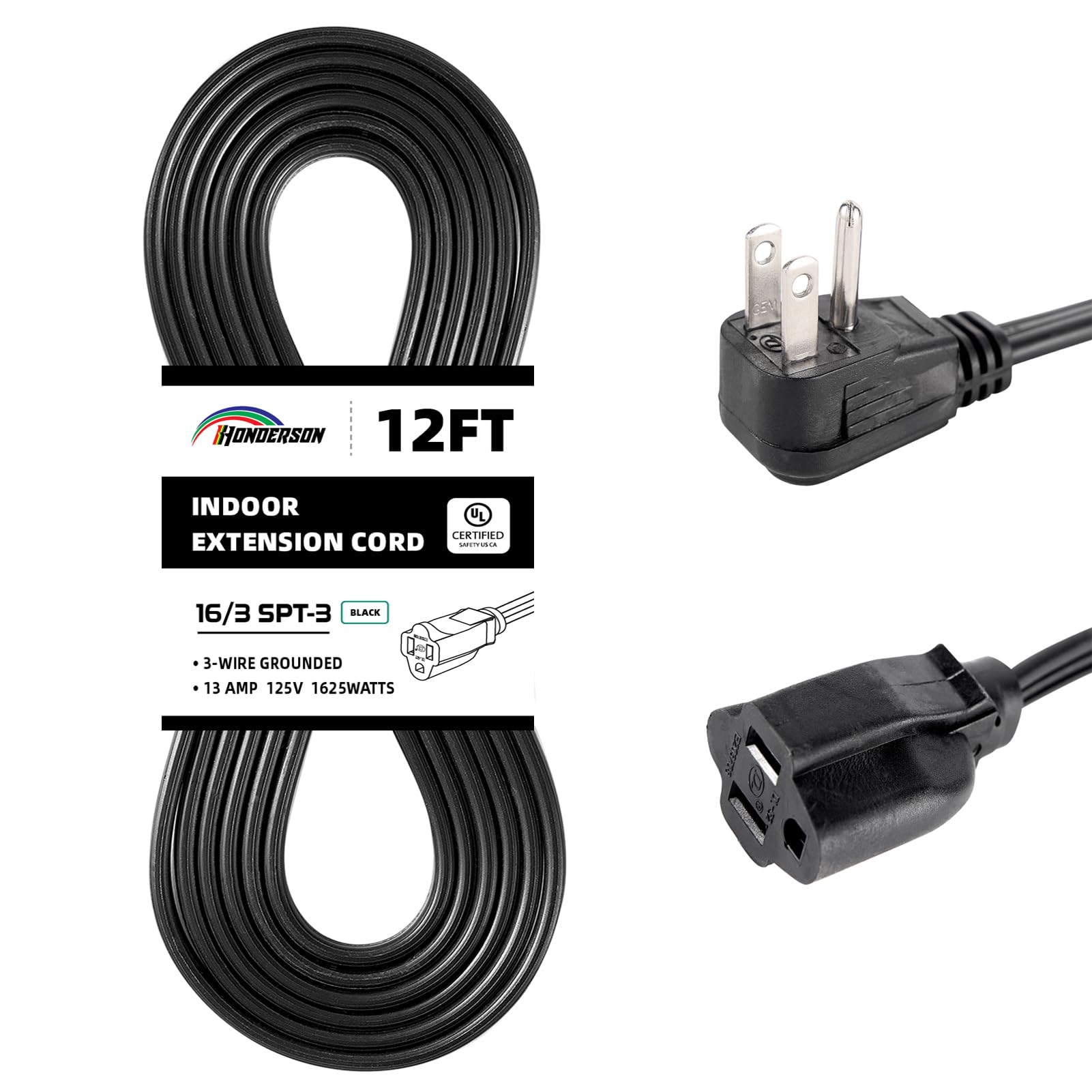 Honderson Flat Plug Extension Cord, Ul Listed, Indoor Extension Cord 16 Gauge 12Ft Black, 16/3 Spt 3 13A 3 Prong Grounded Power