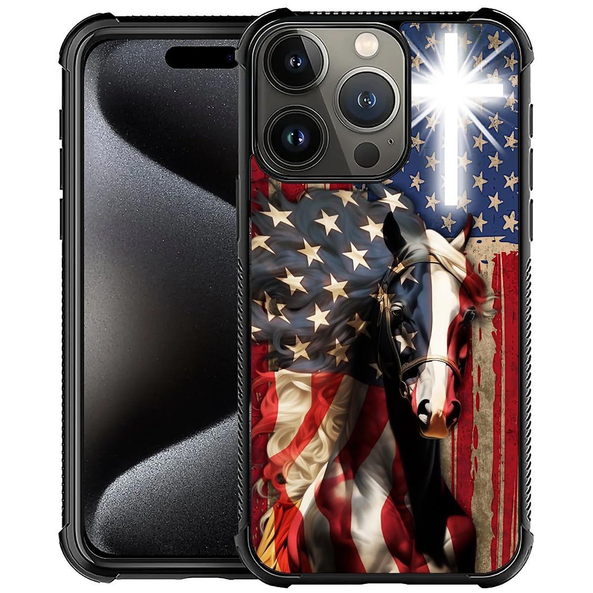 Fkbrcl4U For Iphone 16 Pro Case, Red American Flag Horse Cross Pattern Graphic Design Girl Boy Soft Silicone Hard Acrylic Shock 