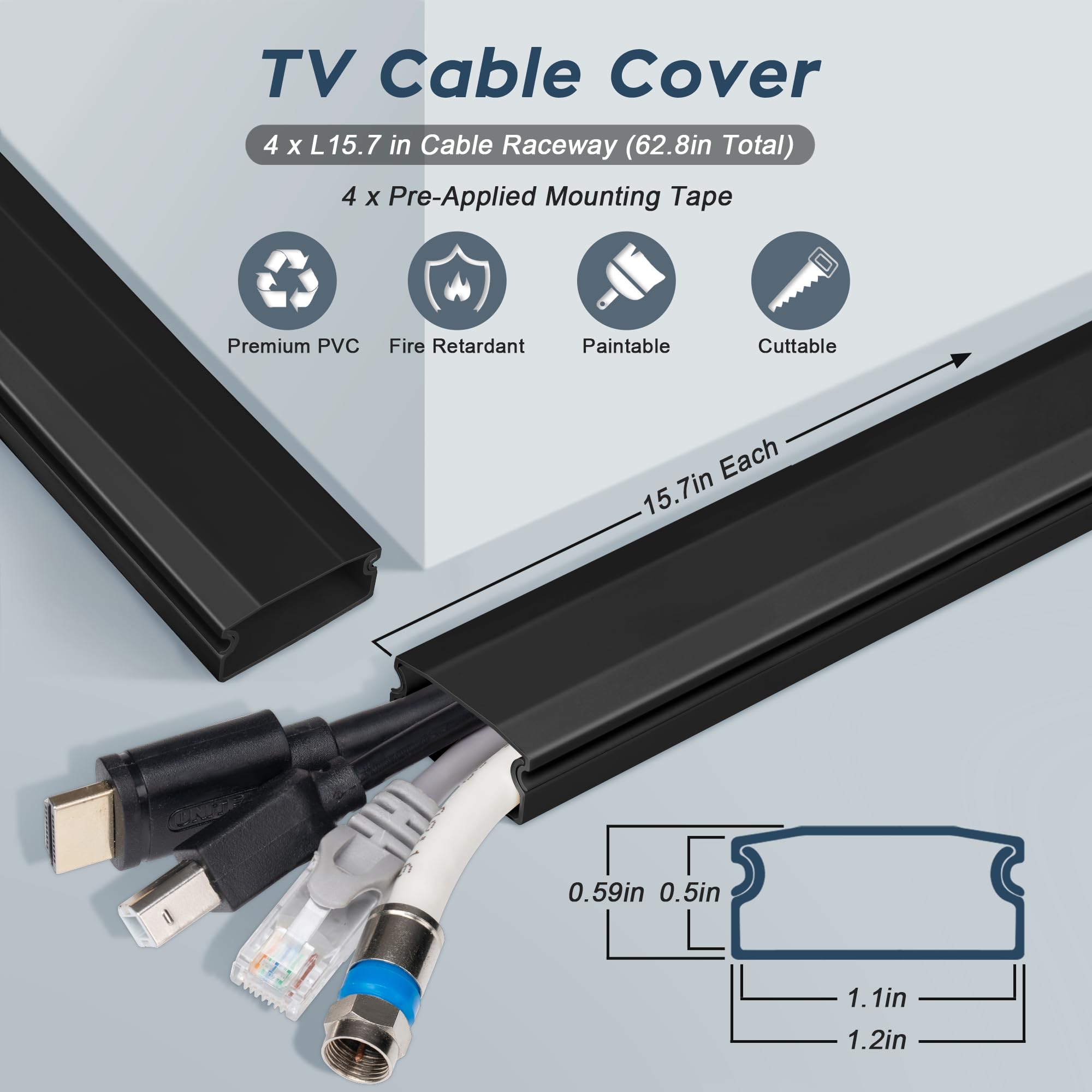 62.8In Tv Cable Hider   Cord Hider Cable Management Wall, Cable Raceway Black Wire Hider, Paintable Cable Concealer For Wall Mou