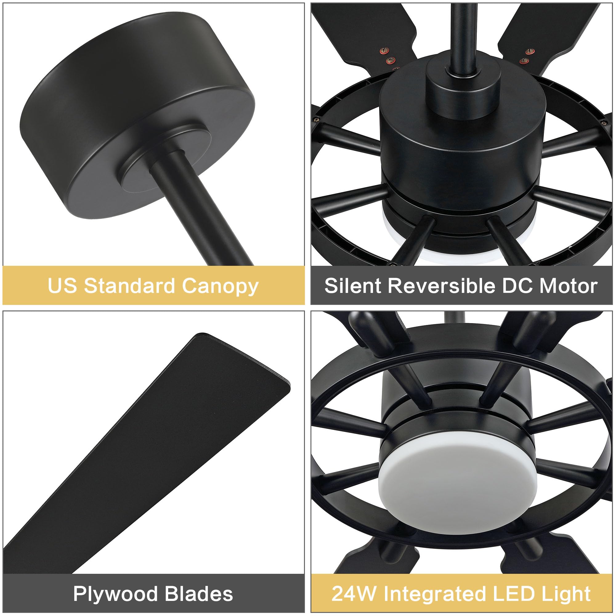 Elehinser 72'' Ceiling Fan With Lights And Remote Control, Wood 8 Blades 6 Speed Noiseless Reversible Dc Motor, 3 Downrods, Mode