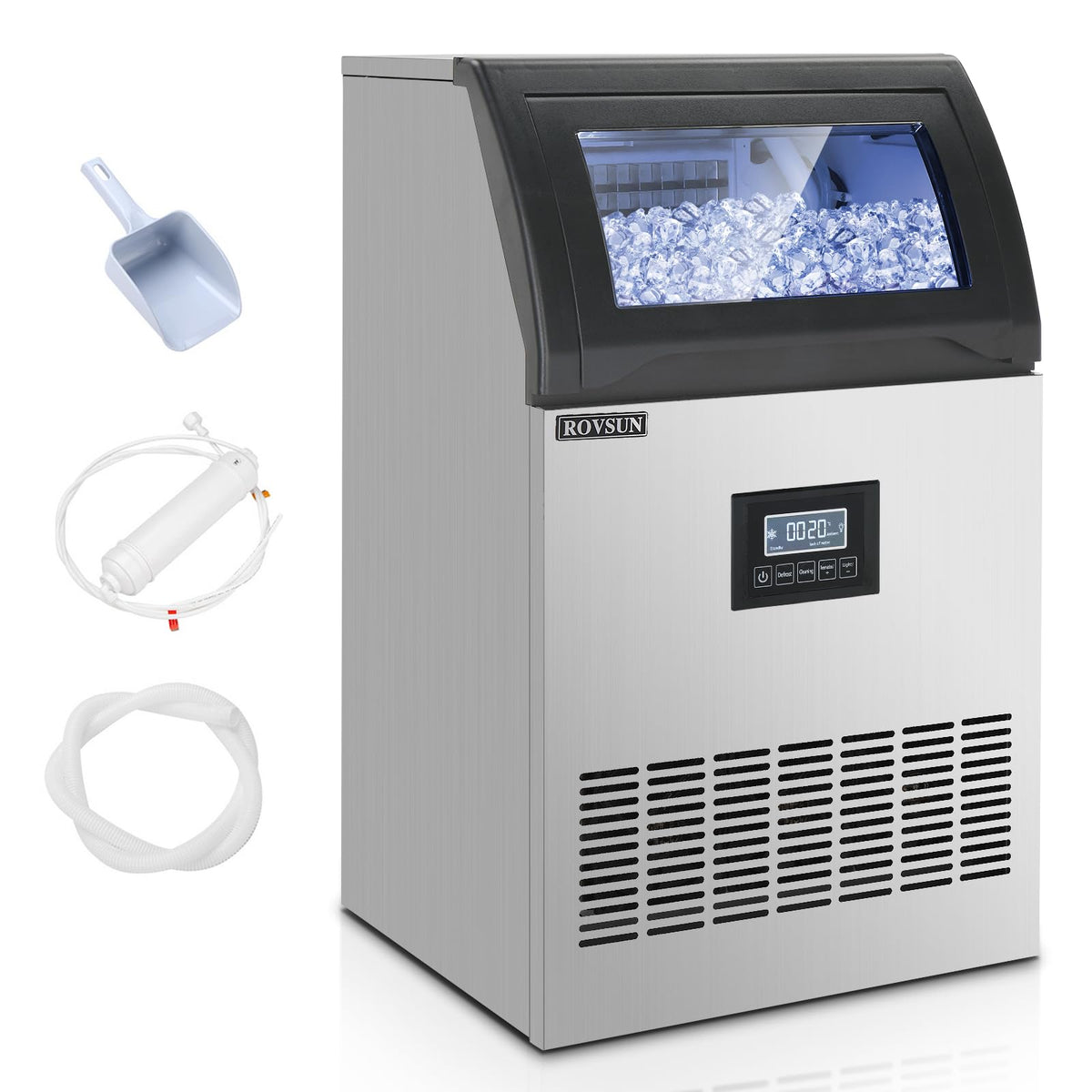 Rovsun 200Lbs/24H Commercial Ice Maker, Freestanding/Under Counter Industrial Ice Machine With Time Reservation, 29Lbs Storage B