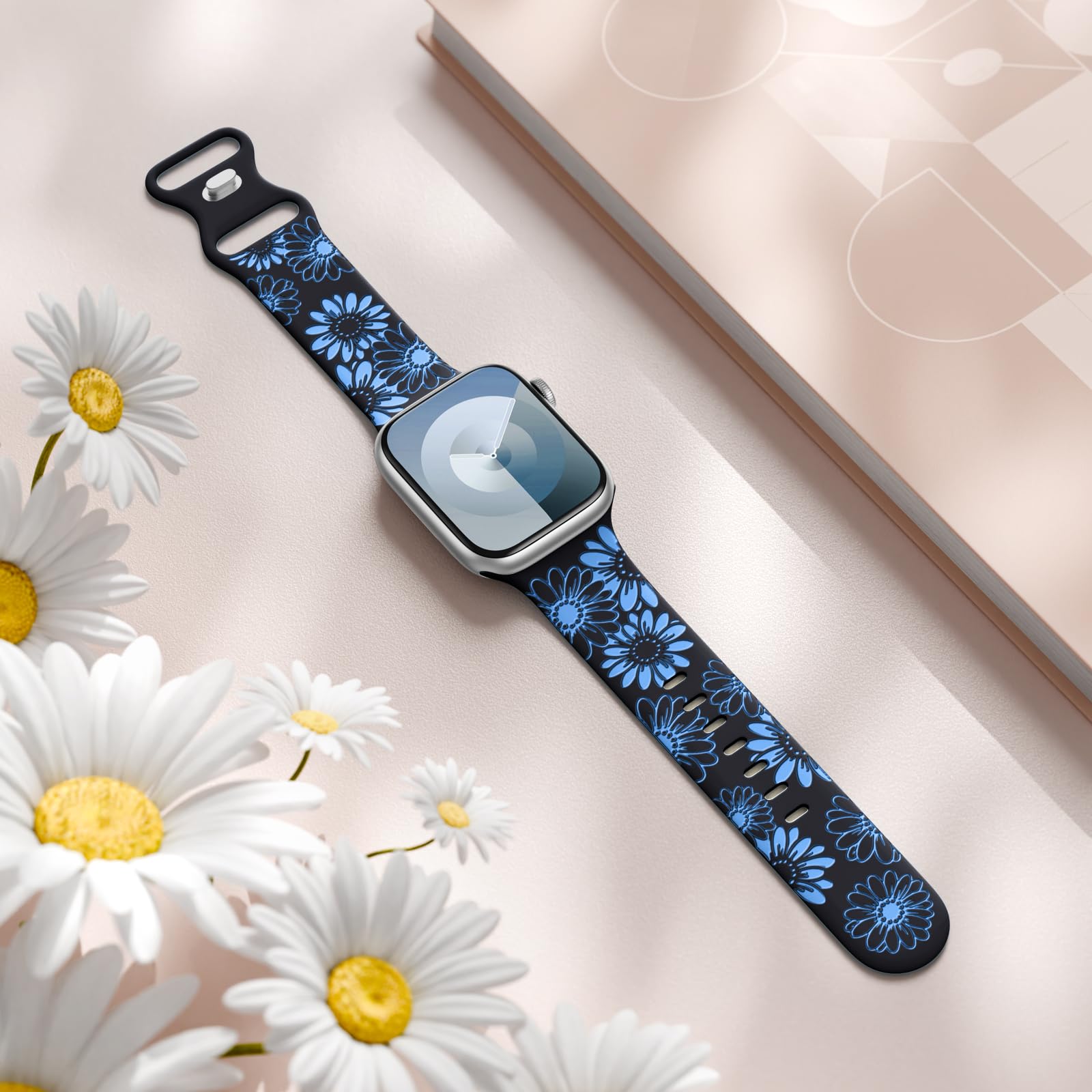 Daqin Floral Engraved Band Compatible With Apple Watch Band 44Mm 45Mm 46Mm 49Mm 42Mm Women,Cute Flower Pattern Band Soft Silicon