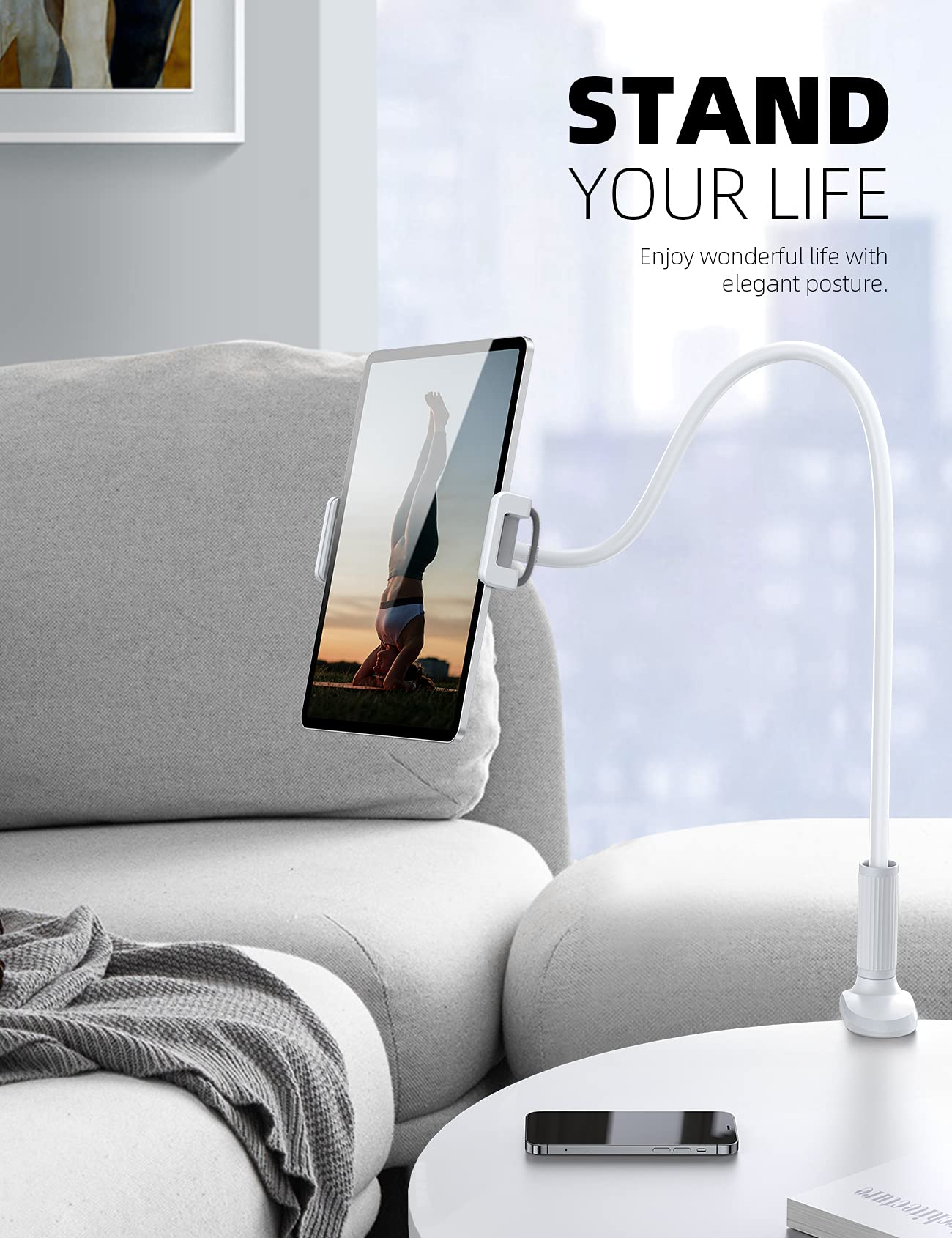 Lamicall Gooseneck Tablet Mount Holder for Bed Flexible Tablet Arm Clamp for Bed Compatible with Pad Pro 10.5, Air 9.7, Mini 7.9, Galaxy Tabs, Switch, More 4.7 11' Device   White
