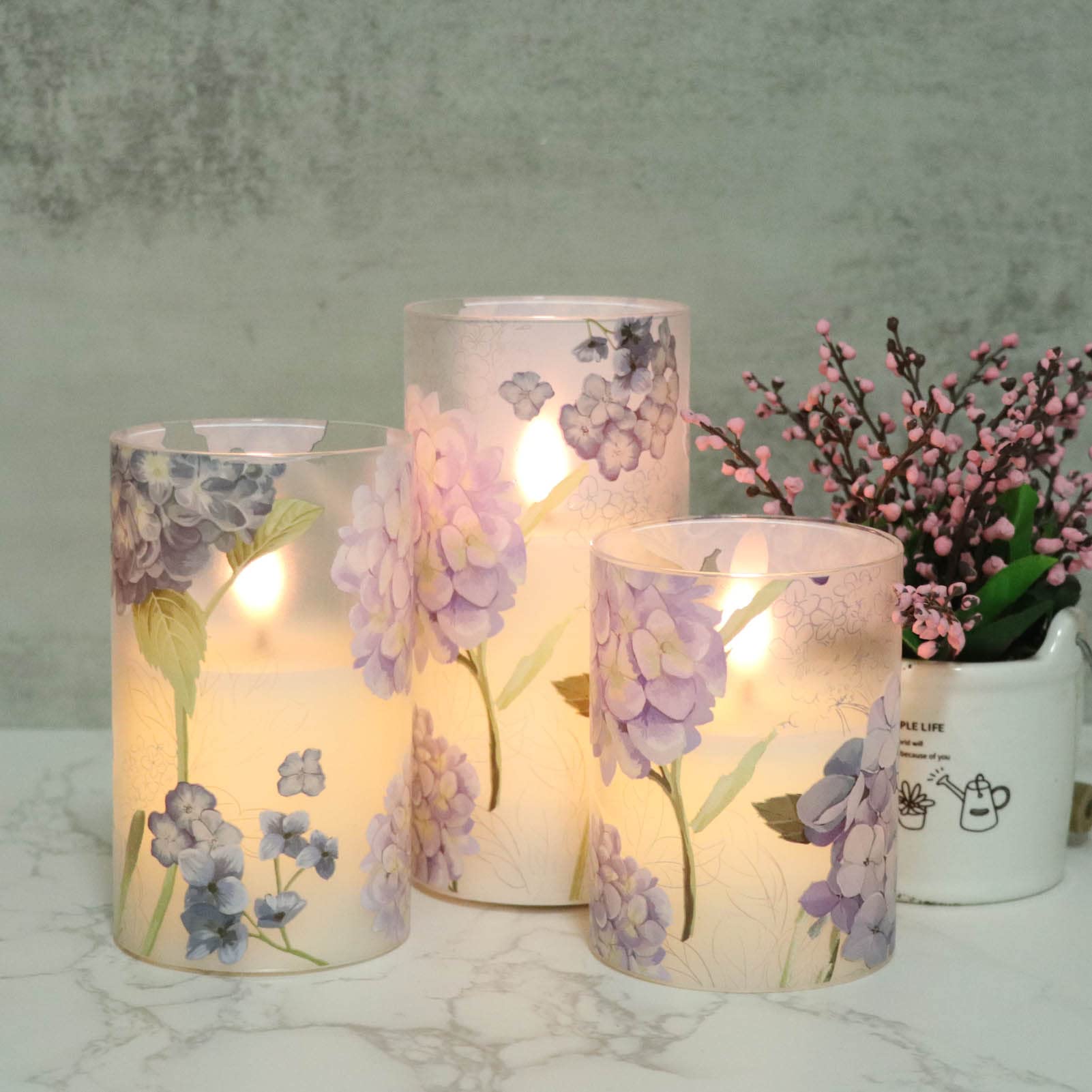 Dromance Hydrangea Glass Flameless Candles With Remote Timer Battery Operated Led Flickering Pillar Candles Real Wax Spring Dinn