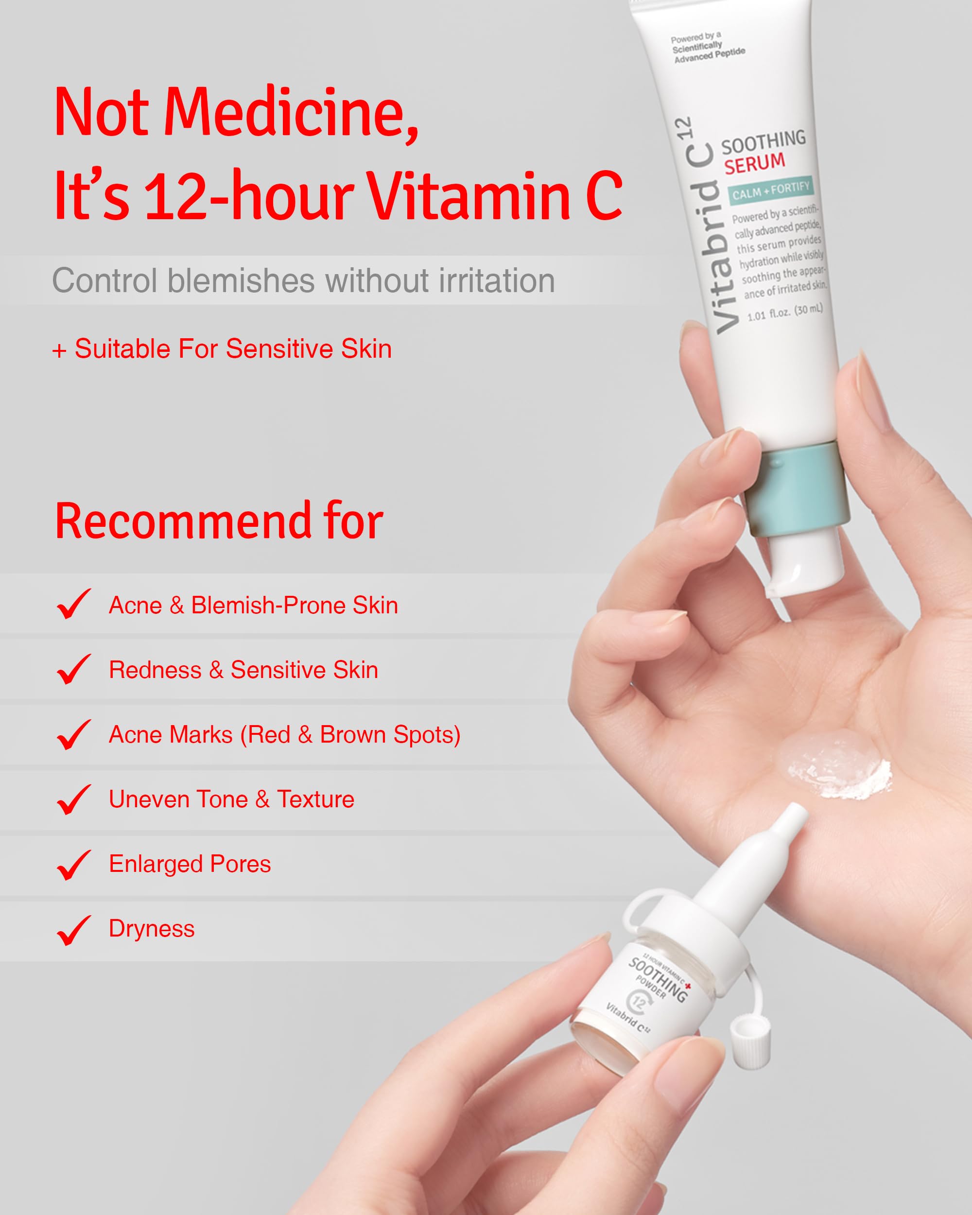 Vitabrid C12 12 Hour Vitamin C Soothing Serum For Acne & Blemish Prone Sensitive Skin   Improves Sebum, Pores And Redness   Pept