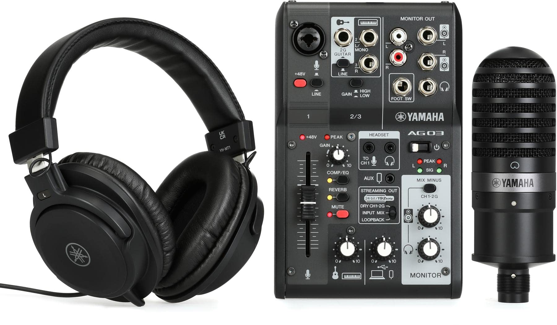 Yamaha AG03MK2 Black Live Streaming Kit with mixer/USB interface, condenser microphone, headphones and mic cable
