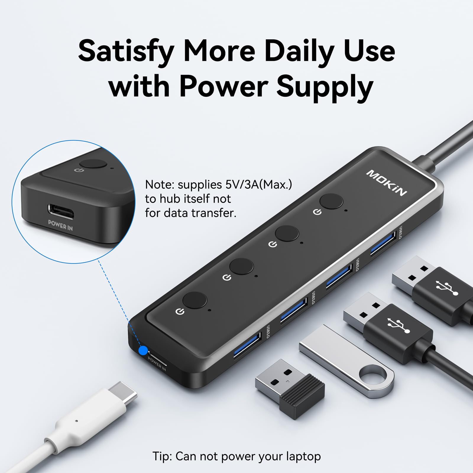 Mokin Usb 3.0 Hub, 5 Port Ultra Slim Data Usb Extender With 4*Usb A 3.0 Ports + Usb C Power Port For Laptop, Chromebook, Dell Ac