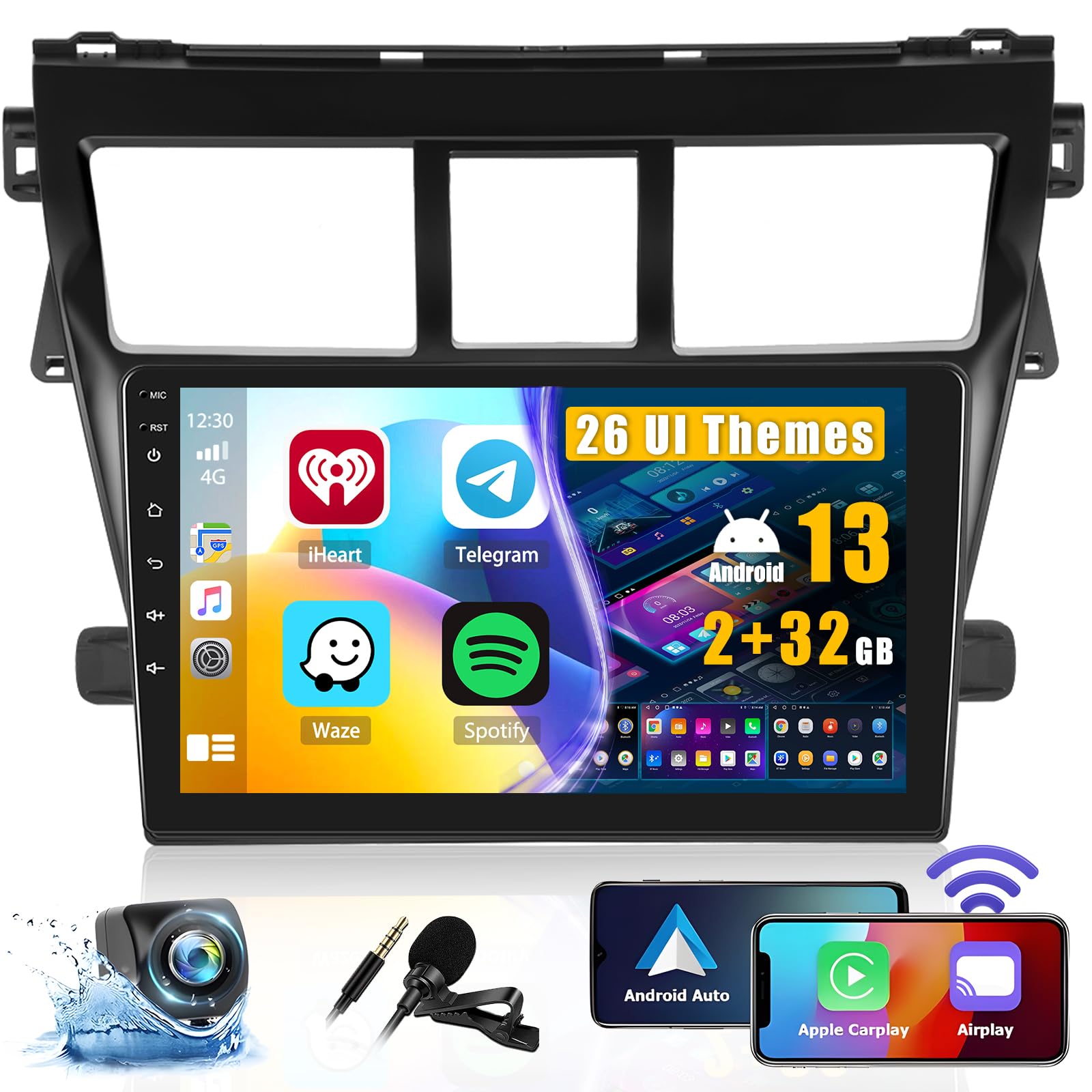 Roinvou 2+32G Android Carplay Stereo For 2007 2012 Toyota Yaris Vios, 9'' Touch Screen In Dash Gps Navigation With Built In Wire