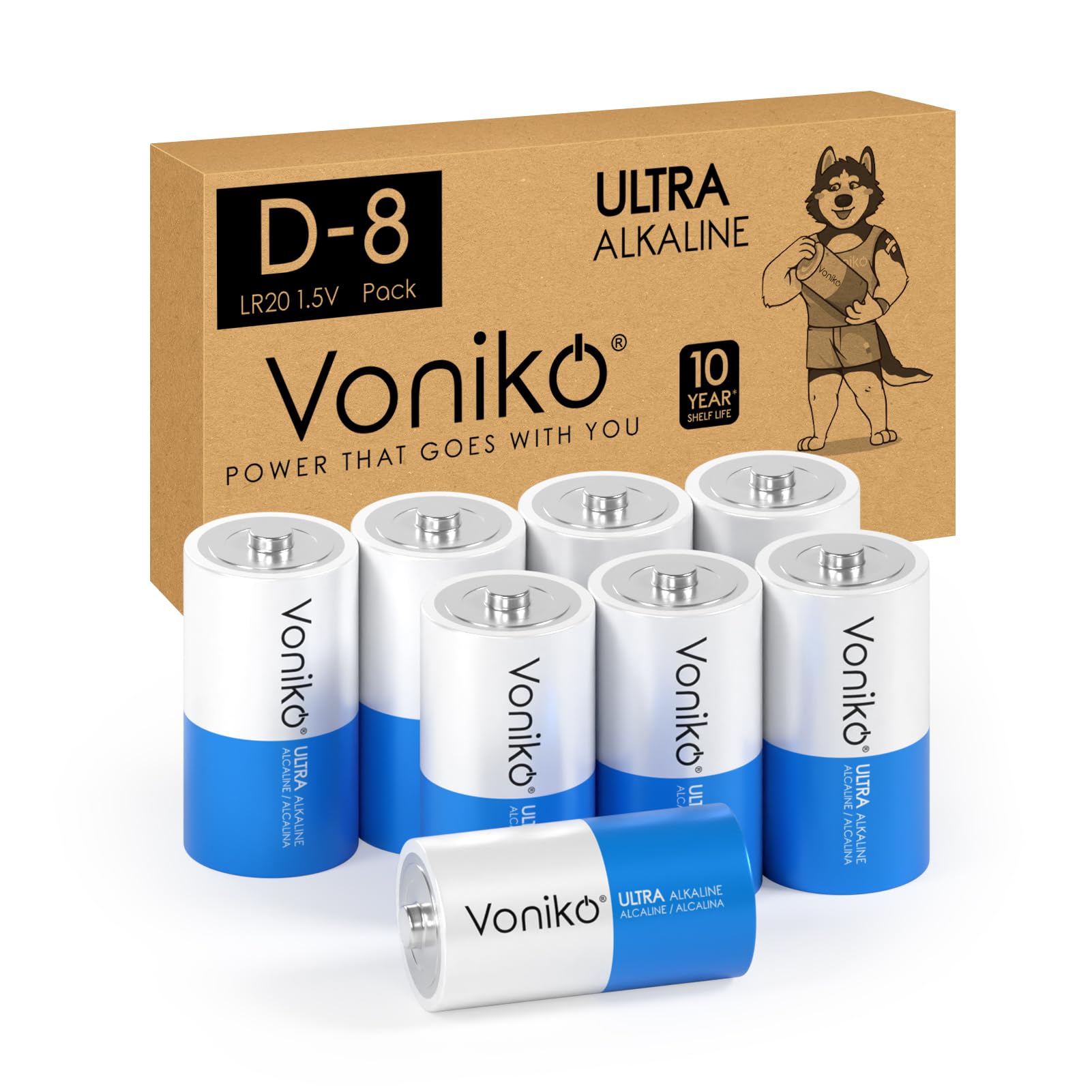 Voniko Ultra Alkaline D Batteries, Batteries D Size 8 Pack, 10-Year Shelf Life and 6-9 Times The Power as Carbon Batteries, Type