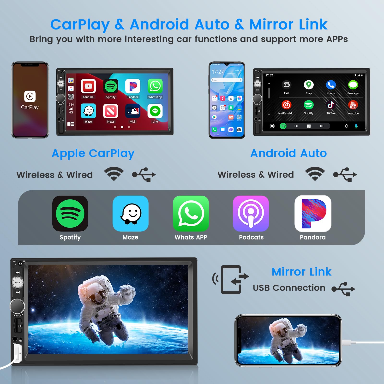 Hikity Double Din Wireless Apple Carplay Car Stereo 7 Inch Touchscreen Bluetooth Car Radio With Backup Camera Mirror Link Fm Car