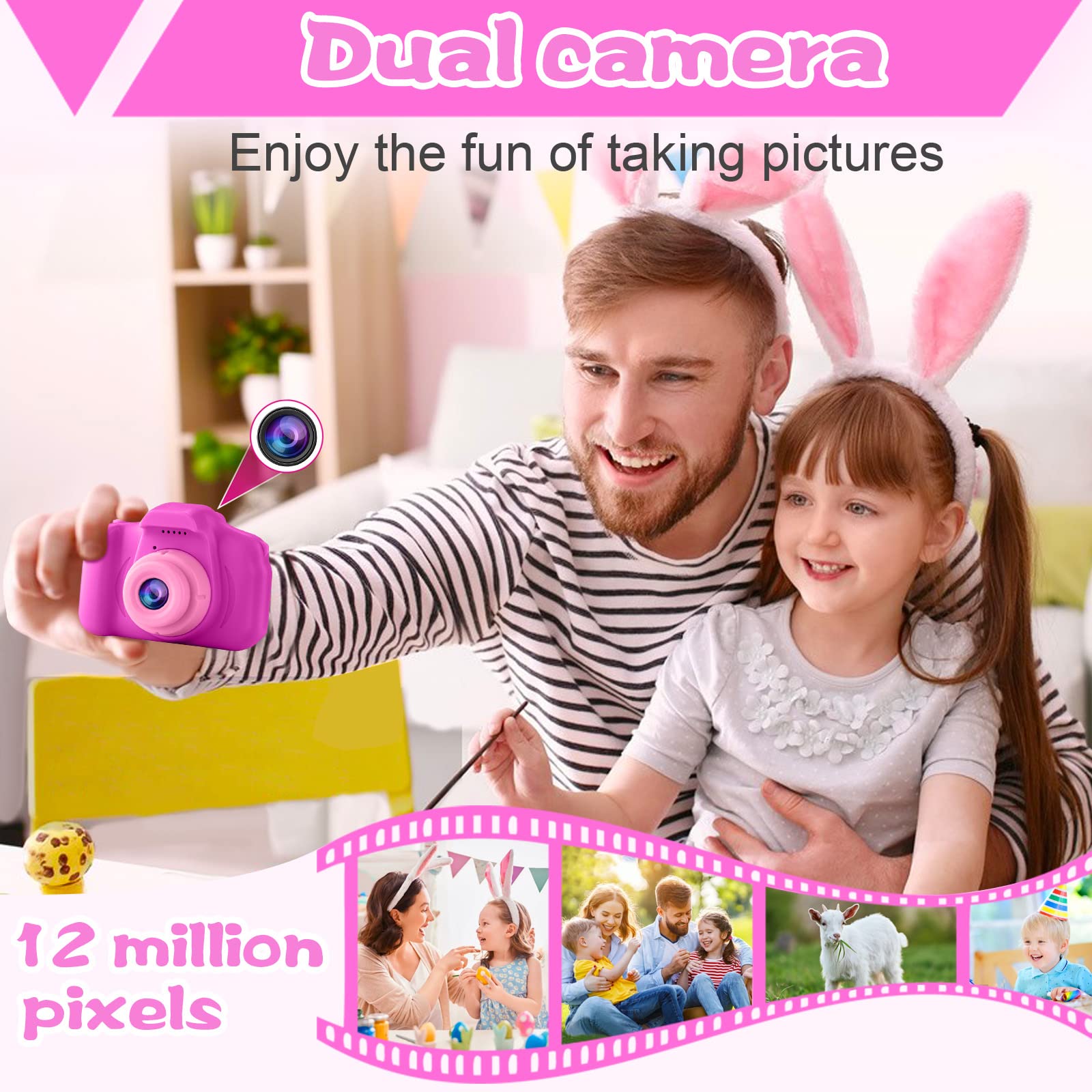 Prograce Kids Camera Girls Gift - Dual Selfie Kids Digital Camera Age 3 4 5 6 7 8 9 Year Old Children Camera Toys Christmas Birt