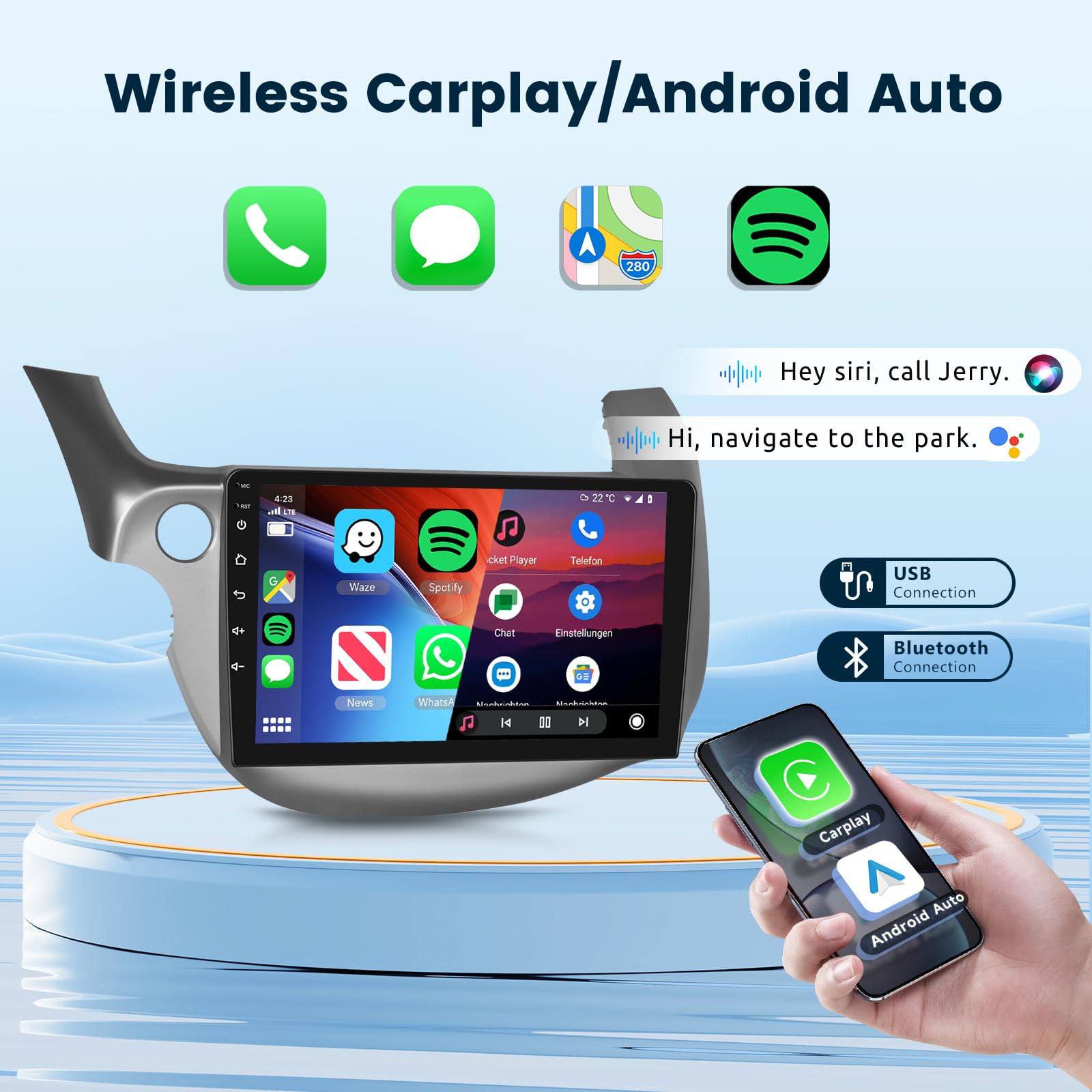 2G+64G Android Car Stereo For Honda Fit 2008 2013 With Wireless Apple Carplay Android Auto, 10.1' Touchscreen Car Radio In Dash With Gps Navi Bluetooth Usb Wifi Hifi Audio Fm/Rds Swc Backup Camera