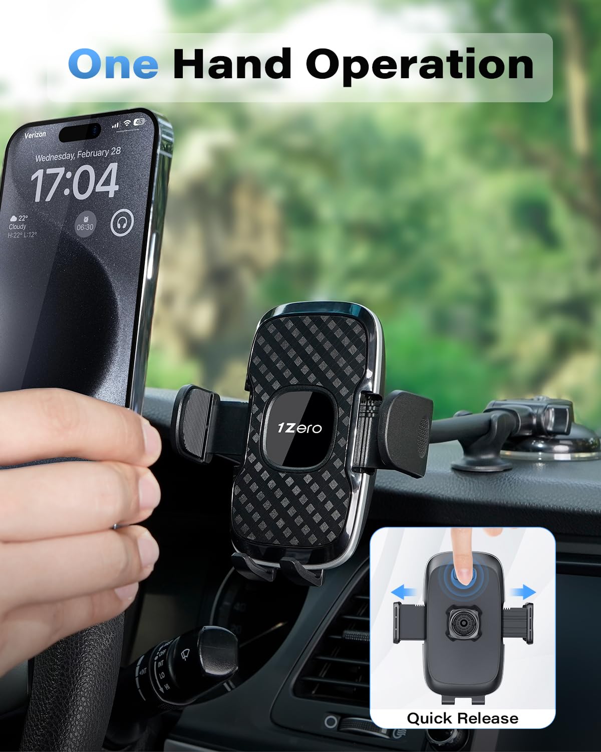 1Zero Solid Car Truck Phone Mount Holder With Thick Gooseneck Long Arm, Windshield Window Mobile Holders W/Industrial-Strength S