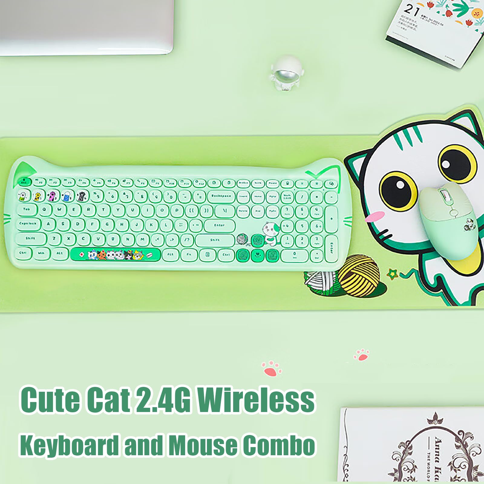 Cute Cat 2.4G Usb Wireless Keyboard And Mouse Combo, Silent Keys, Candy Colors, Compatible With Notebook, Pc (Green 110Keys)