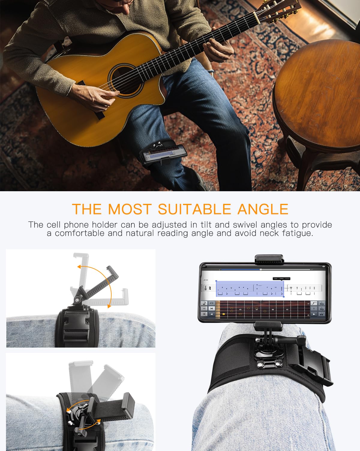 Jishahs Guitar Phone Holder Mount   Phone Strap For Guitar Players   Natural Thigh Positioning   Adjustable Angle   Compatible W