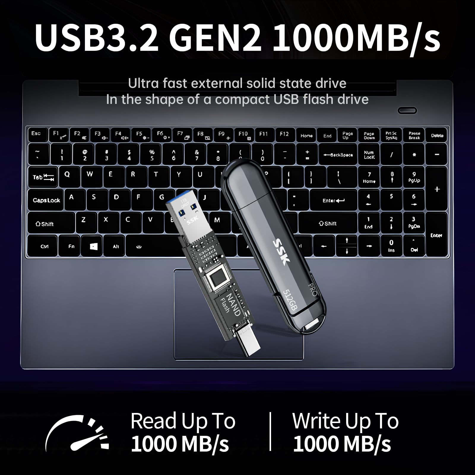 Ssk Usb Drive 512Gb External Ssd, No Speed Drop Portable Ssd 1000Mb/S, Usb 3.2 Gen 2 A+C Dual Port External Solid State Hard Drive For Iphone 15/16 Pro, Win, Mac, Android Phone