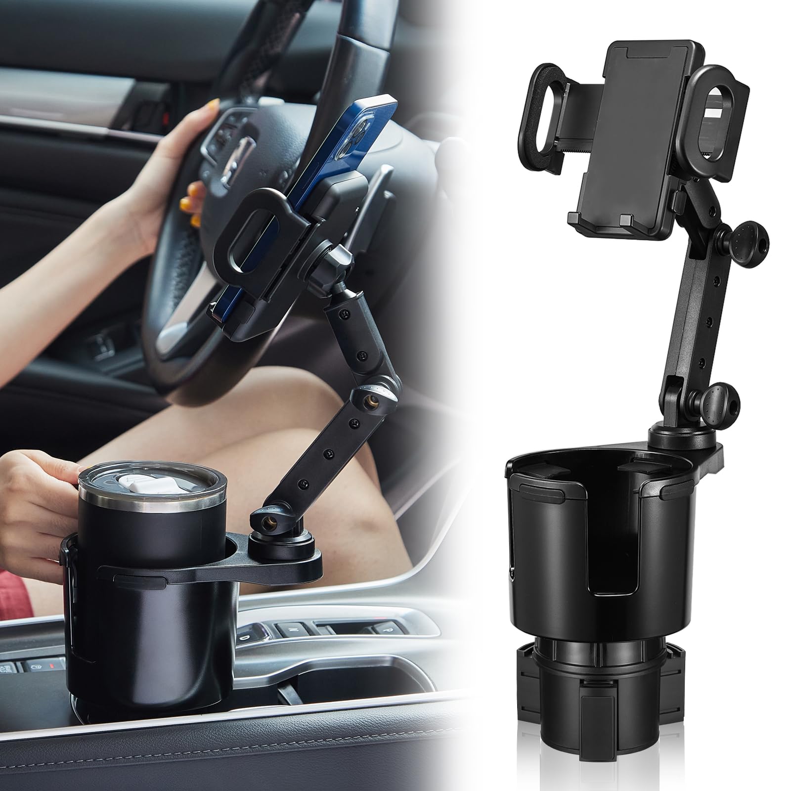 Scrwvess Cup Holder Phone Mount, 2 In 1 Cup Holder Expander For Car Long Arm With 360Rotation Cup Holder Cell Phone Holder For C