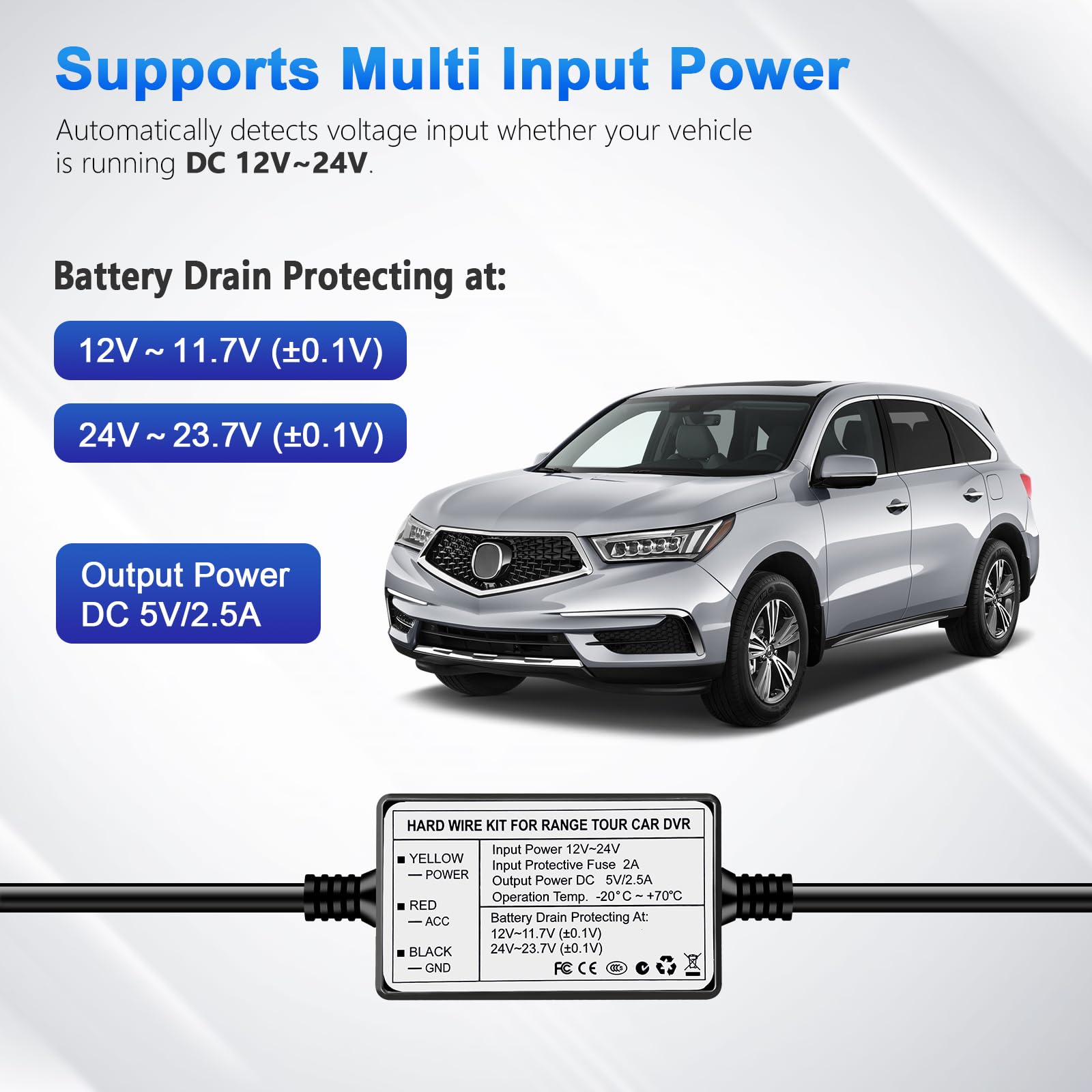 Range Tour Hardwire Kit For Dash Cam, 12V 24V To 5V 2.5A Car Dash Camera Charger Power Cord Usb C Hard Wire Kit Fuse For Dashcam