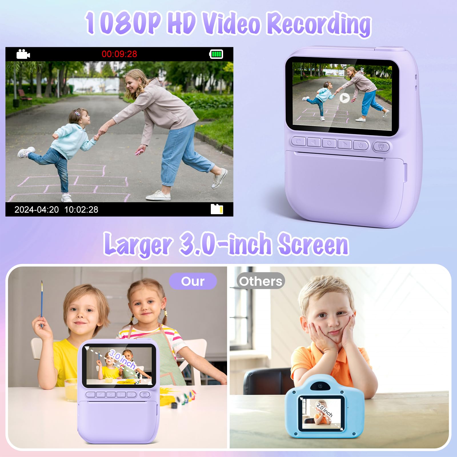 Kids Camera Instant Print, 3.0'' Hd 32Mp Kids Camera Birthday Gifts For 3 4 5 6 7 8 9 10 11 12 Year Old Girls Boys Toddler, 1080