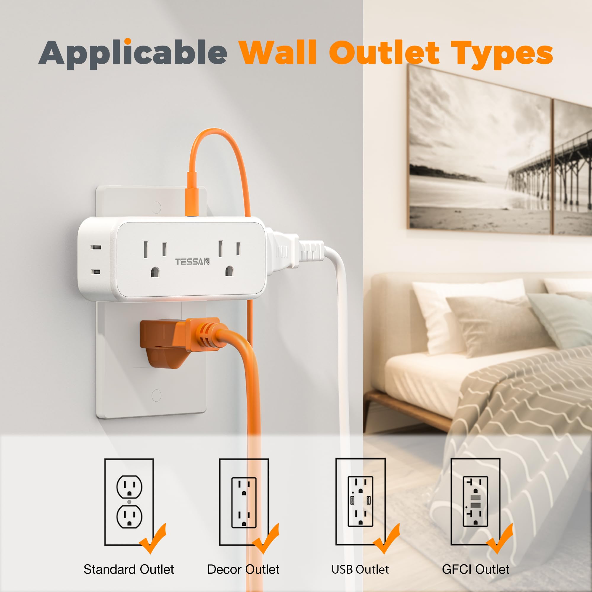 Outlet Extender Surge Protector, Tessan Multi Plug Splitter With 4 Electrical Outlets 3 Usb Ports (1 Usb C), Multiple Wall Plug