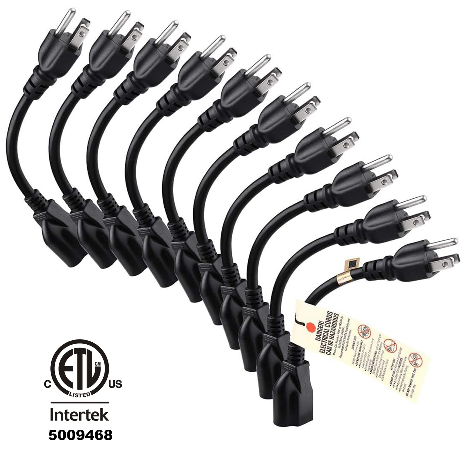 Miady Short Power Extension Cord Outlet Saver, 16Awg/13A, 3 Prong (10 Pack, Black, 8 Inch)