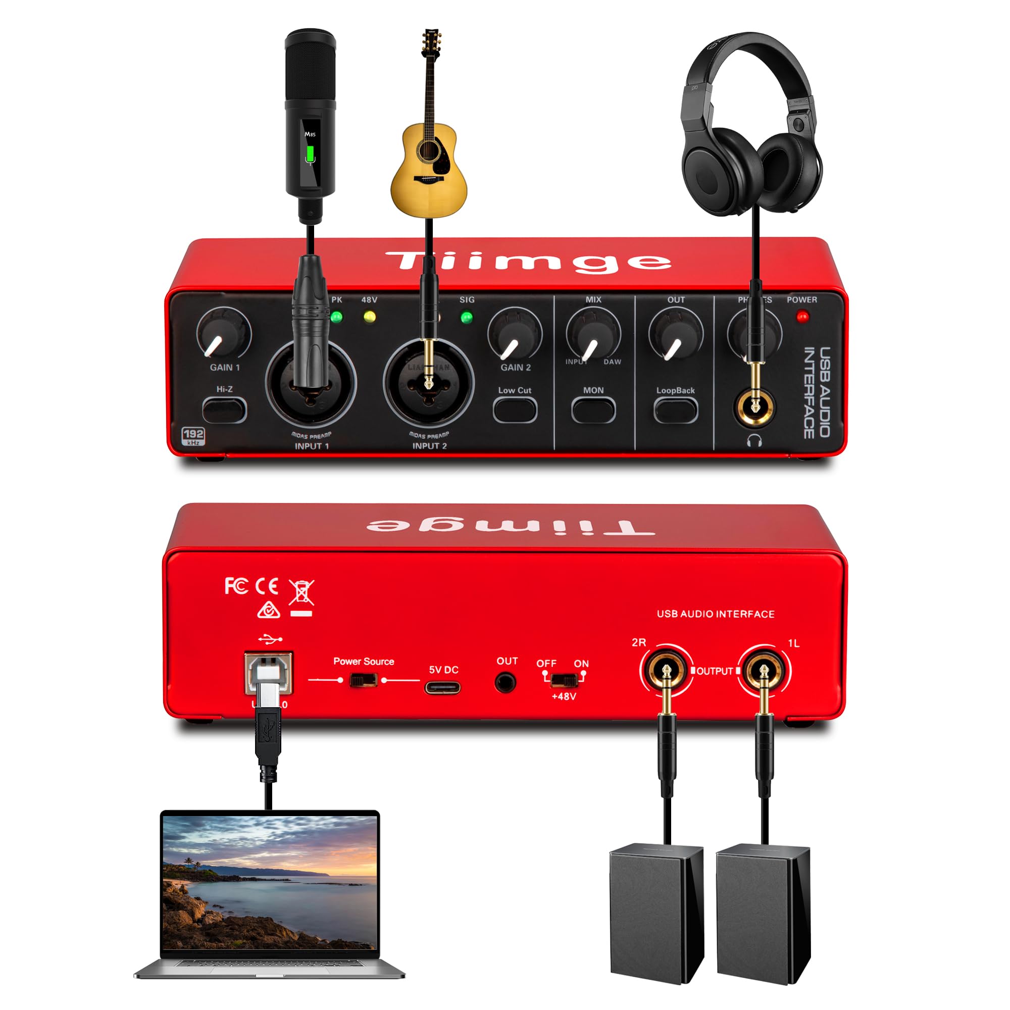 Tiimge 2X2 Usb Audio Interface For Pc, With 48V Phantom Power, 24Bit/192Khz High Fidelity, Mic Preamplifier Xlr/Tsr/Ts Ports, Co