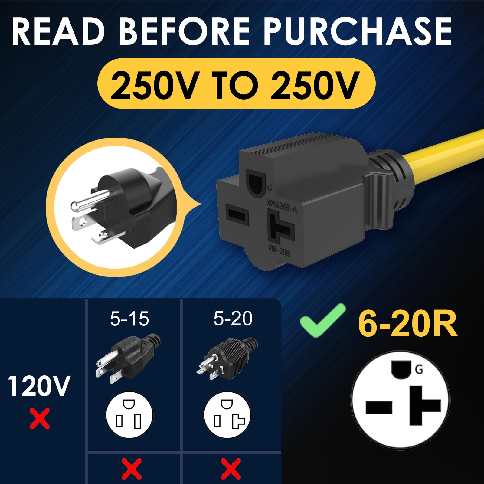 M1A2 Nema 6 20 Extension Cord 6 20P To 6 20R For Tesla Mobile Ev Level 2 Charging Heavy Duty 250 Volts 20 Amp 50Ft Etl Listed