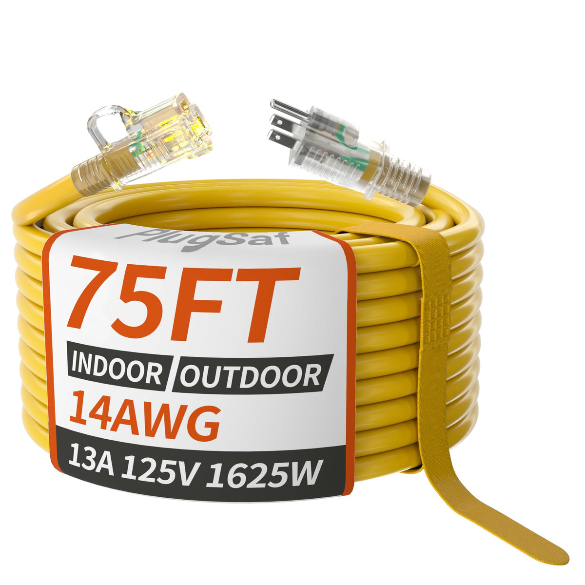 Plugsaf 14/3 Gauge Yellow Outdoor Extension Cord 75 Ft Waterproof With Lighted Indicator, Cold Weatherproof  40C, Flexible 3 Pro