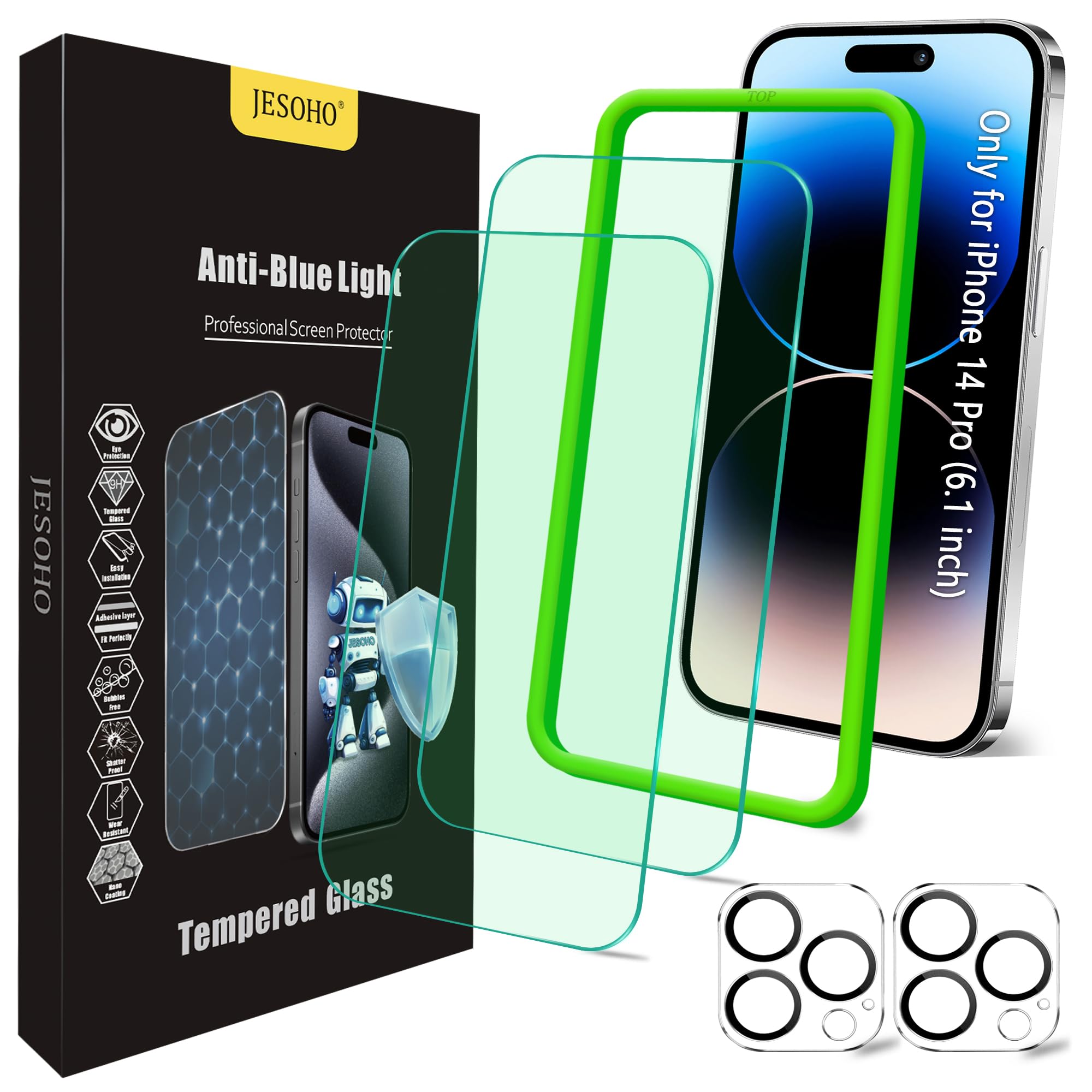 Jesoho Blue Light Screen Protector For Iphone 14 Pro (6.1'')*2 Pack + 2 Pack Camera Lens Protector,Eye Protection,Hd Blue Light