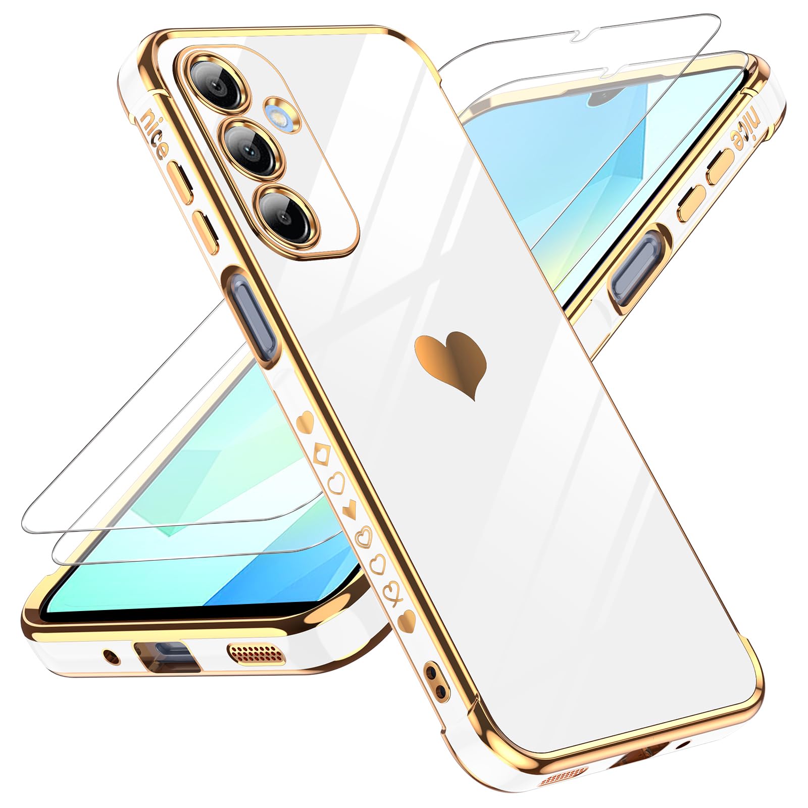 Leyi For Samsung A16 5G Case: With Tempered Glass Screen Protector [2 Pcs]+ Full Camera Lens Protection,Love Heart Plating Women