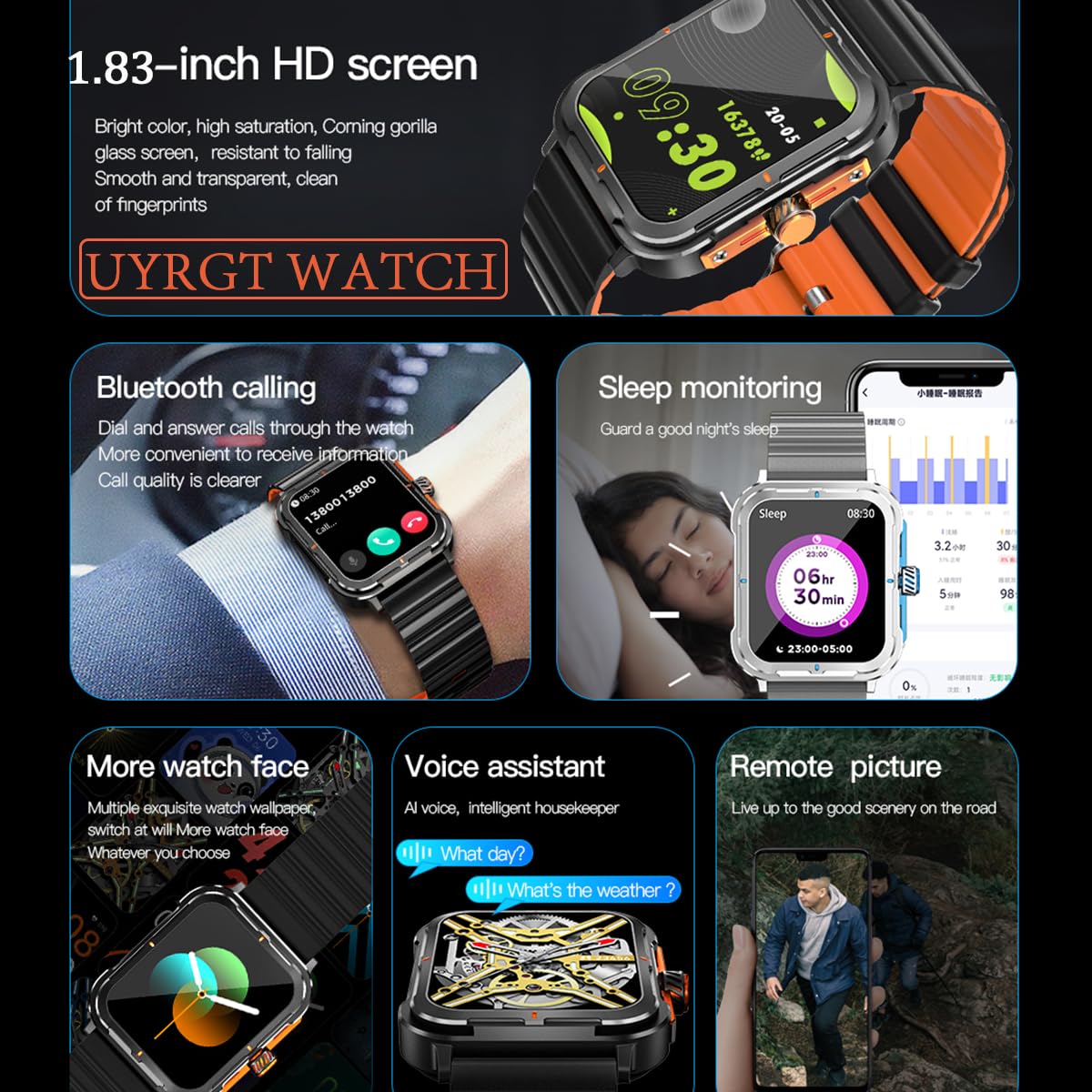 Uyrgt Sports&Rugged Smart Watch For Men Women, Cnc Aluminum Alloy Frame, 1.83    Full Touch Display, Bluetooth Call, Fitness Tra