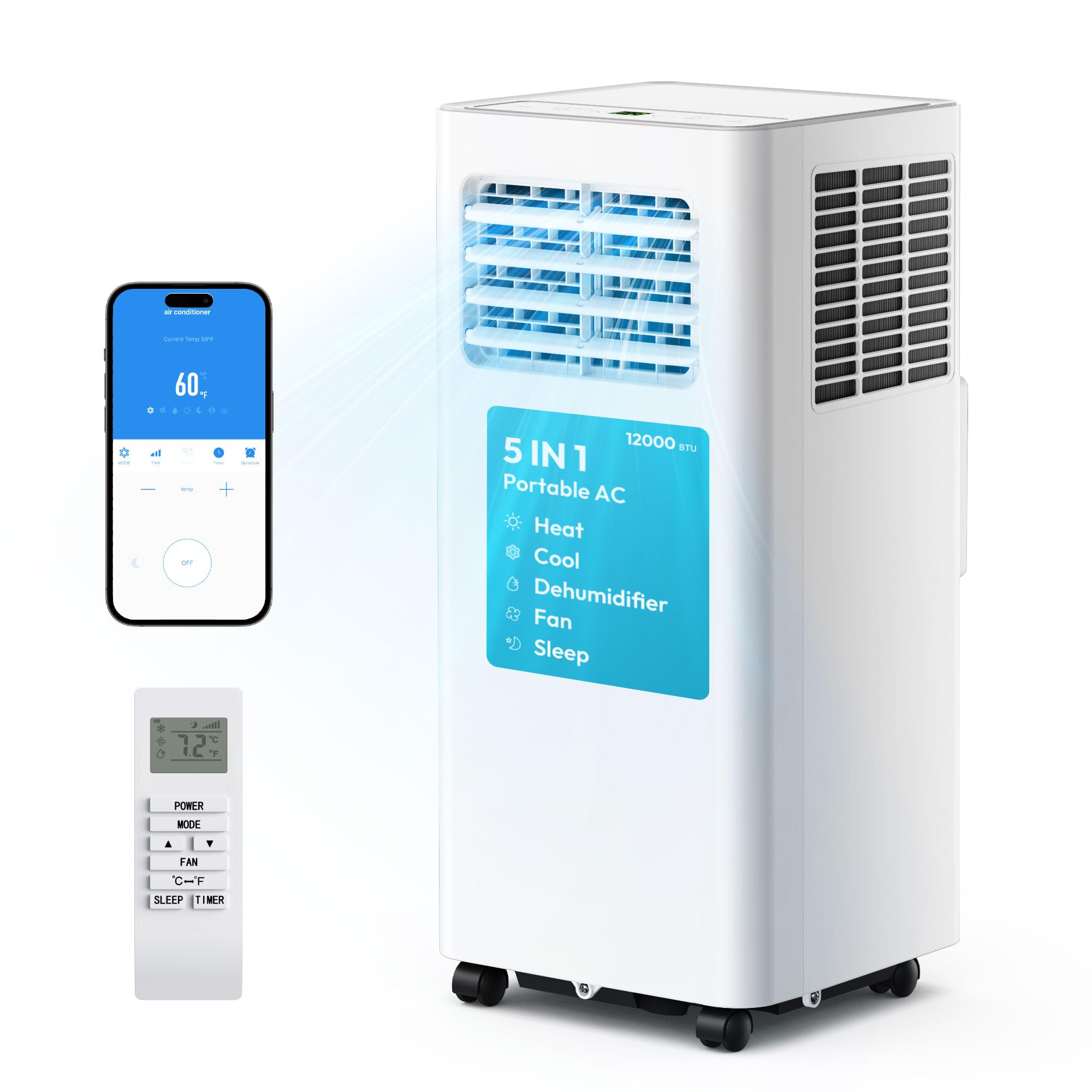 EUHOMY Portable Air Conditioners 12,000 BTU, 5-in-1 Portable AC Unit Up to 550 Sq.Ft. for Bedroom with Cool, Heat, Fan, Dehumidi