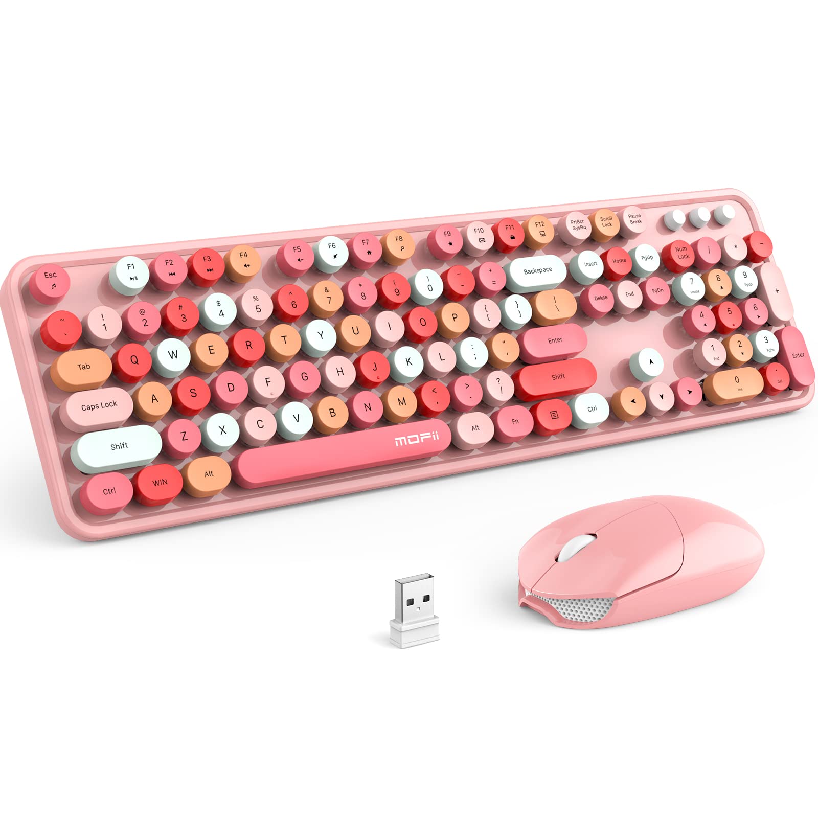 Mofii Wireless Keyboard And Mouse Combo, Pink Wireless Keyboard, 2.4Ghz Retro Full Size With Number Pad & Cute Wireless Mouse Fo