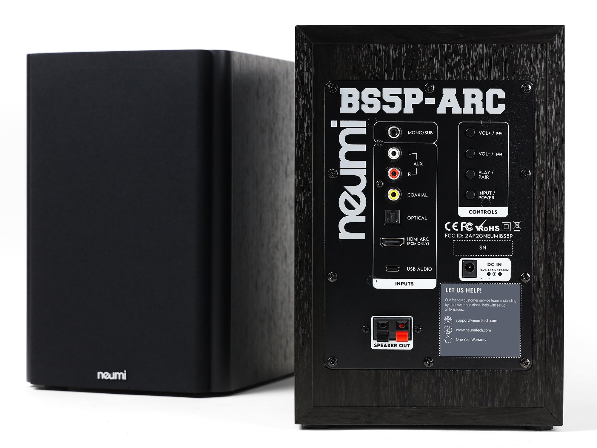 Neumi Bs5P Arc 75 Watt Powered Bookshelf Speakers, Bluetooth, Hdmi, Usb, Optical, Coaxial, Remote Control, 5 Inch Woofer, 1 Inch