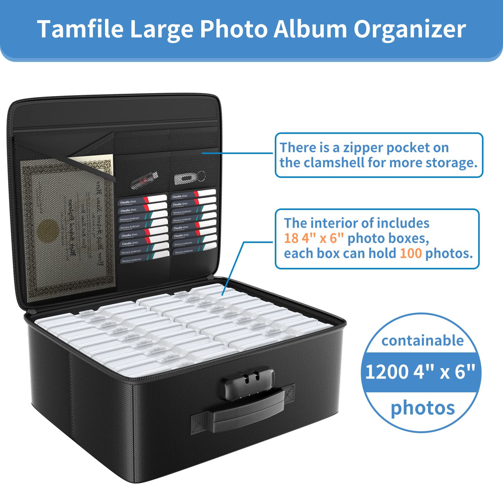 Fireproof Safe Photo Storage Box With 18 Inner 4'' X 6'' Clear Photo Cases, Portable Photo Organizer With Lock For Picture, Coll