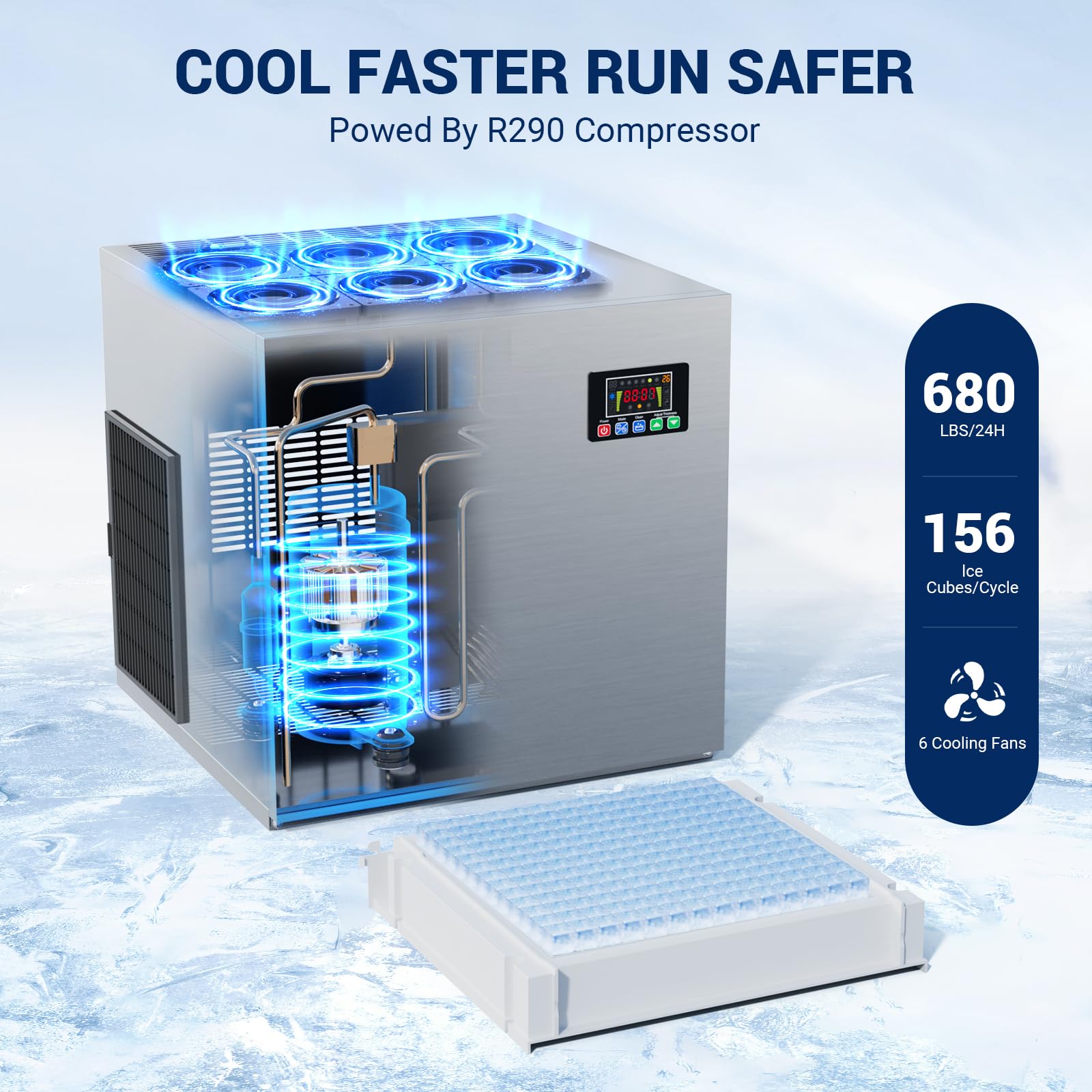 Commercial Ice Maker 680 Lbs/24H With 560 Lbs Storage Bin, 156 Ice Cubes Ready In 5-15 Min, Stainless Steel Industrial Ice Machi