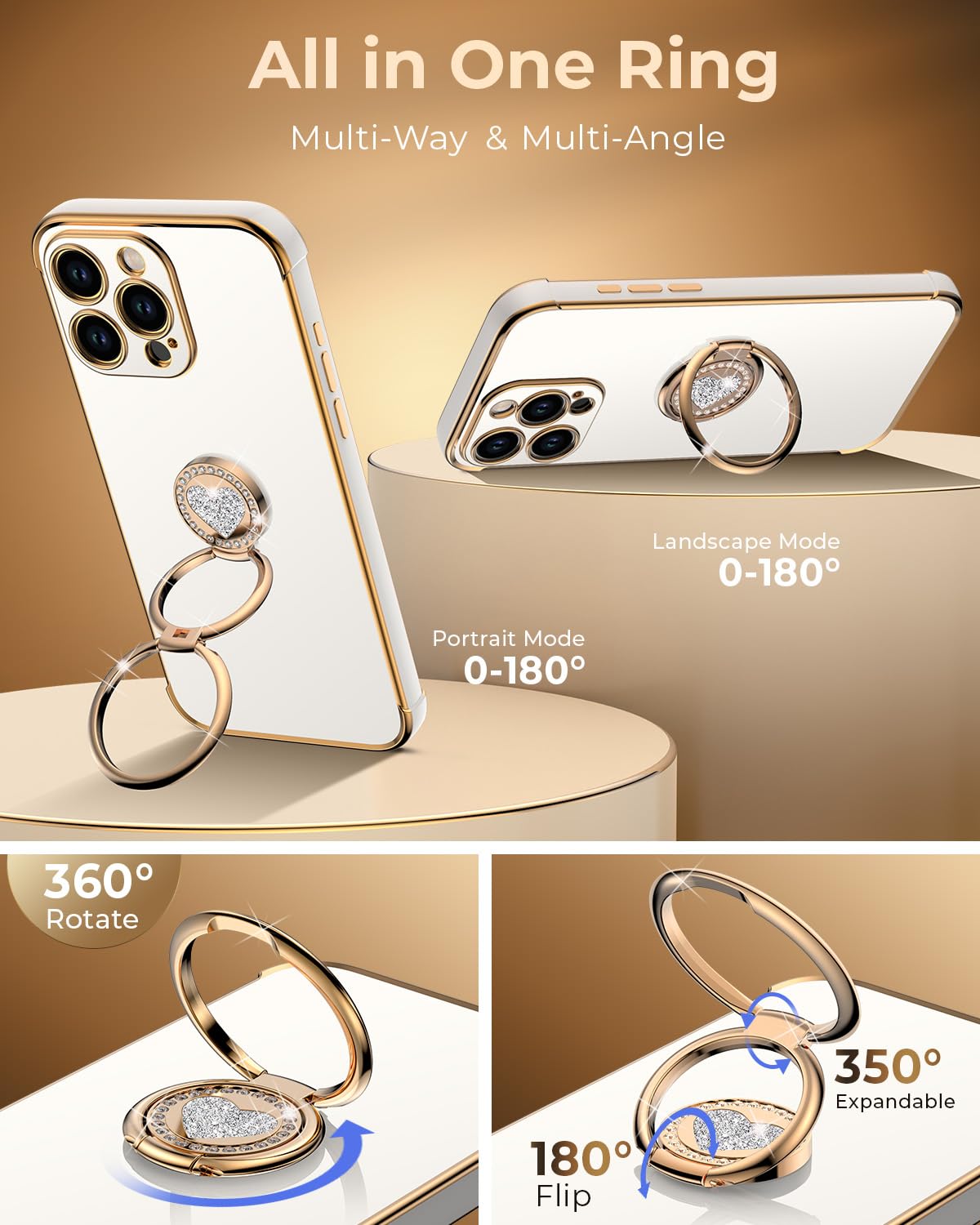 Xyz For Iphone 16 Pro Max Case With Stand, Phone Case With Double Ring Kickstand, Women Girls Bling Luxury Protective Case Heart