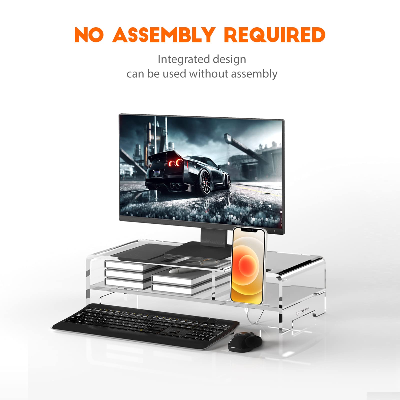 Beygorm Acrylic Monitor Stand Riser, Wide 20'', 2 Tier Computer With Storage, Desk Organizer Desktop Printer Laptop Storage Shel