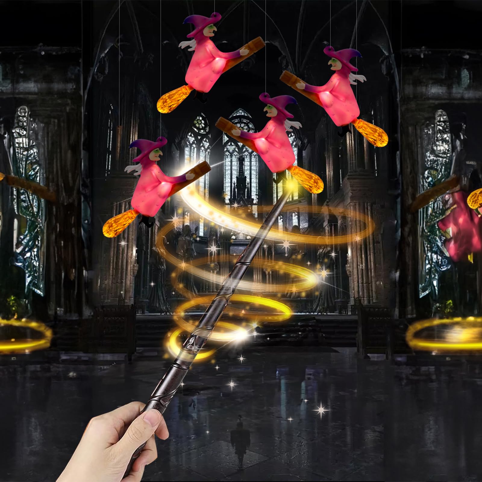 Sooneedear Harry Flameless Potter Candles With Witch Flying On Broomsticks, Hanging Led Night Light Remote By Magica Wand, Hallo