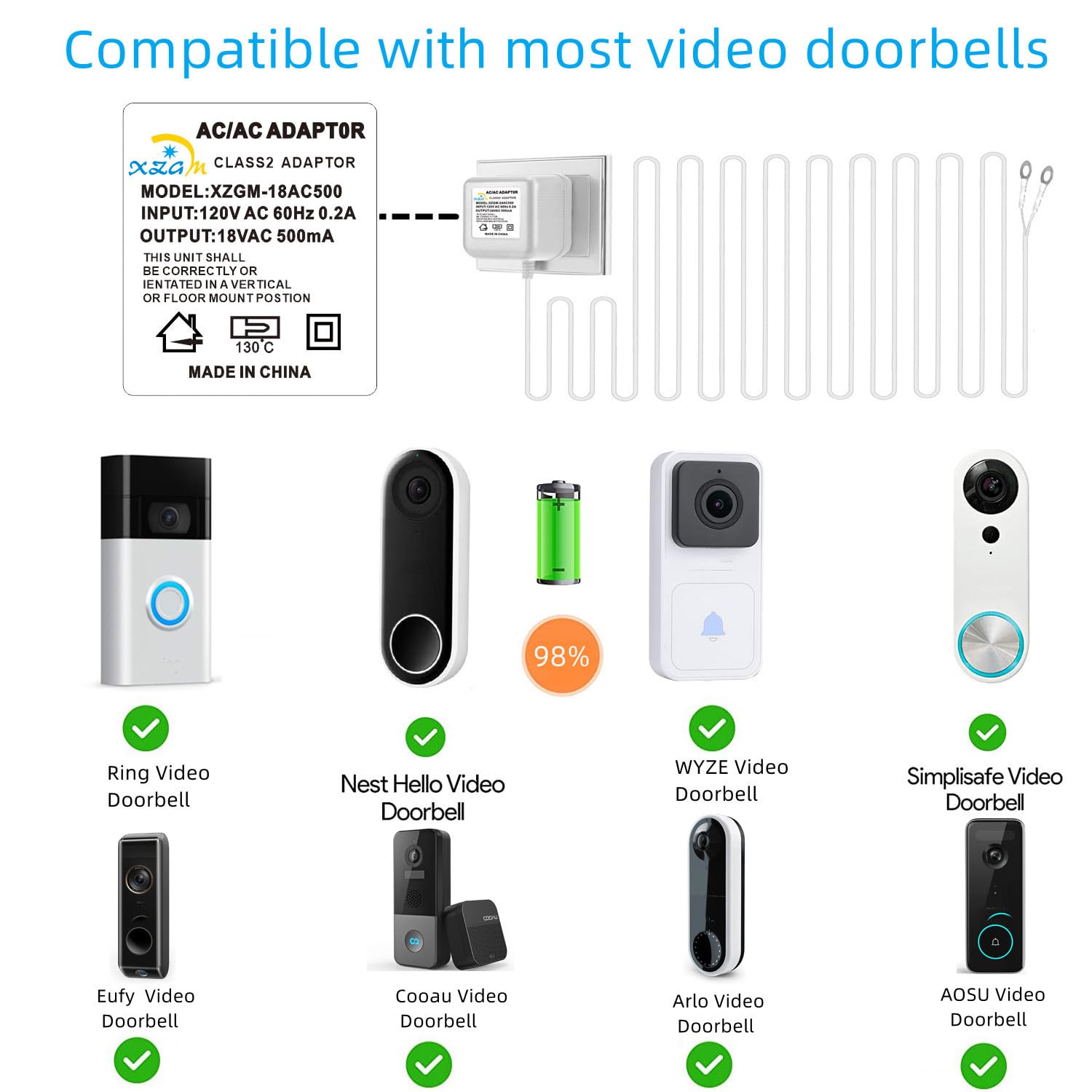 Visual Doorbell Power Adapter 18V 500Ma Compatible With Ring Nest Eufy Wyze Arlo Wireless Video Doorbell (393In/10M Cable Length