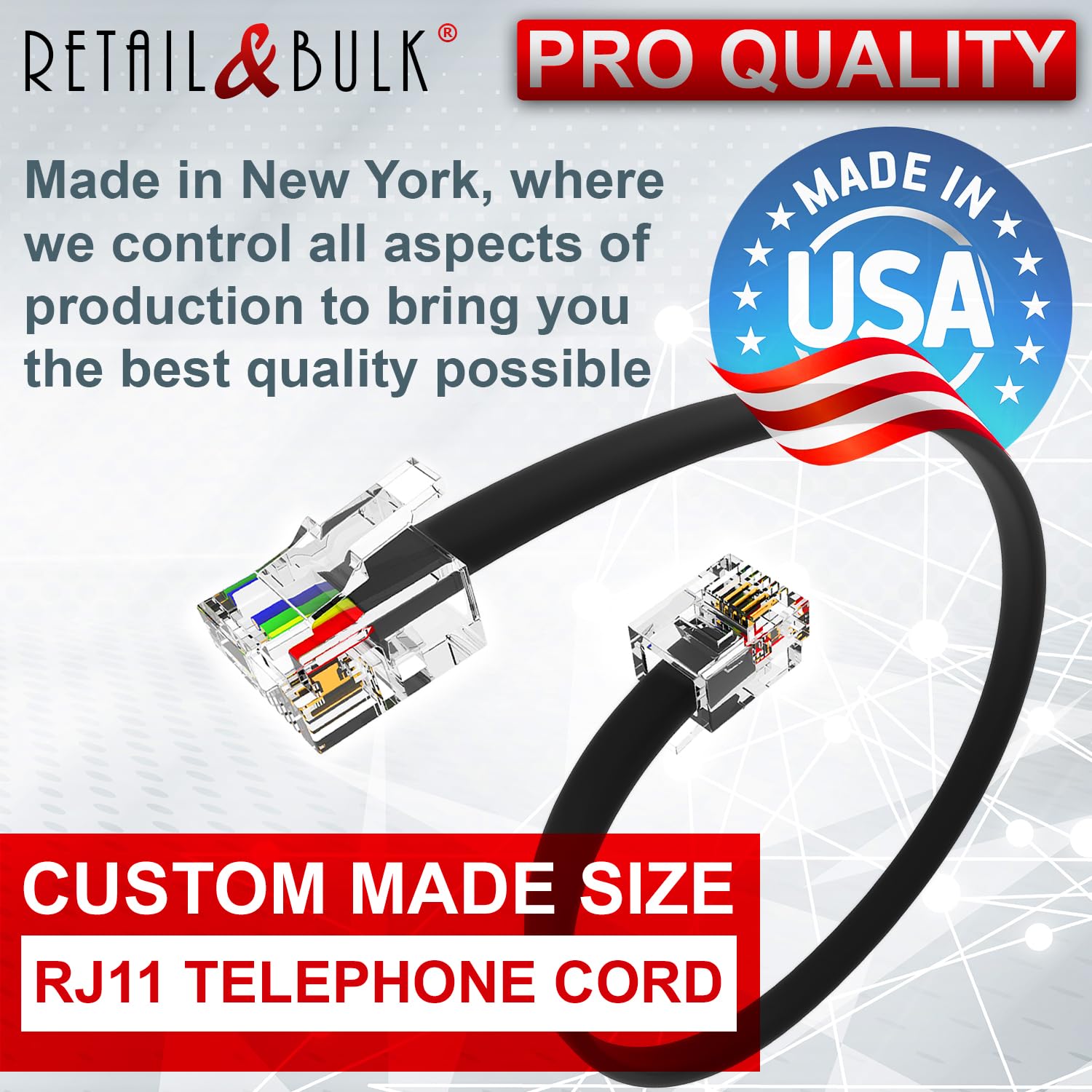 Custom Size Premium Quality Telephone Cable, Rj11 Male To Male 6P4C Phone Line Cord. Made In Usa By Retail&Bulk (Custom Size, Cu