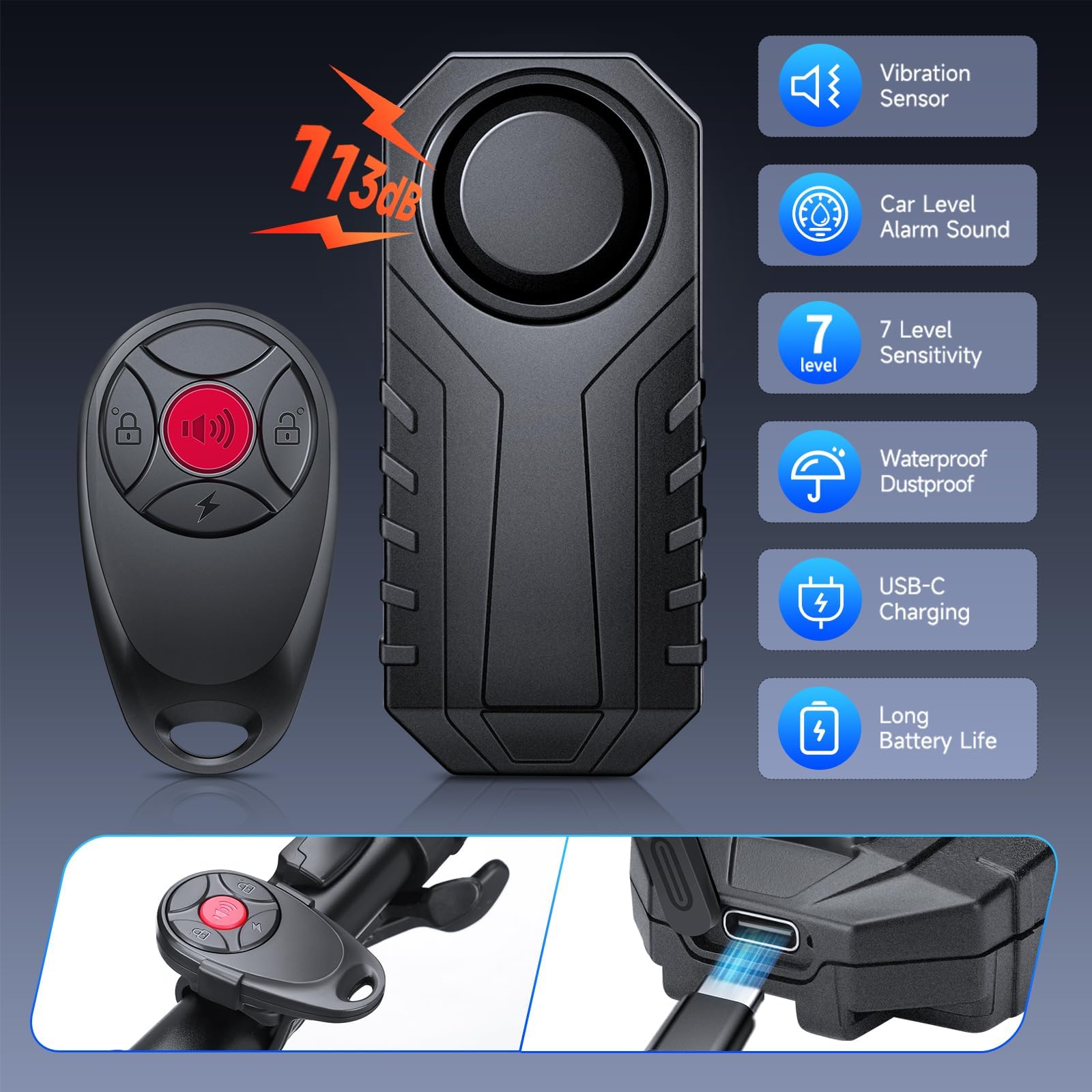 Onvian Bike Alarm Wireless Vibration Motion Sensor, Rechargeable Antitheft Bike Alarm, Ip65 Waterproof Motorcycle Alarm With Rem