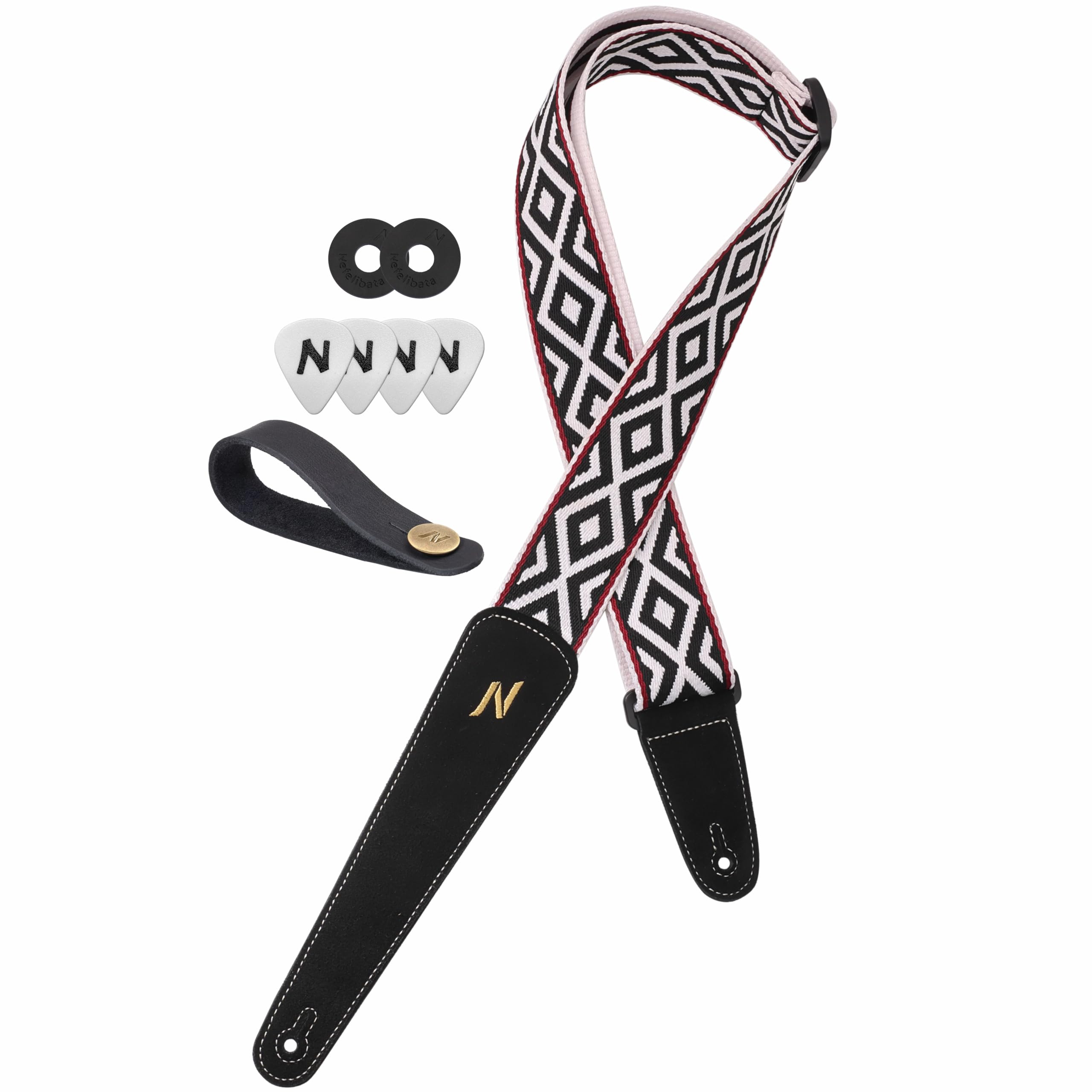 Nefelibata Guitar Strap, Black and White Diamond Square, Three Spike Leather Ended Acoustic Guitar Electric Guitar Bass Guitar S