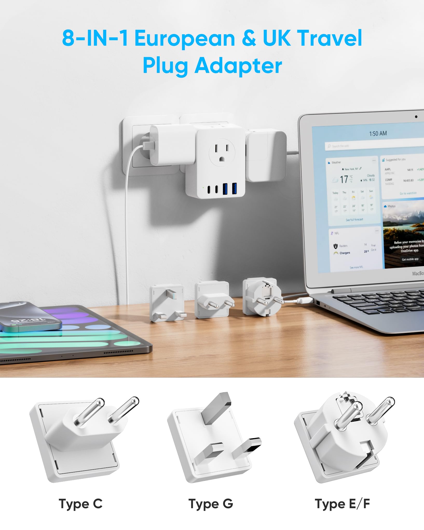 Kakyanill European Travel Plug Adapter, 5Ft Detachable Extension Cord With Type C/G/E/F Plug Kit, 4 Ac Outlets, 4 Usb Ports (2 U