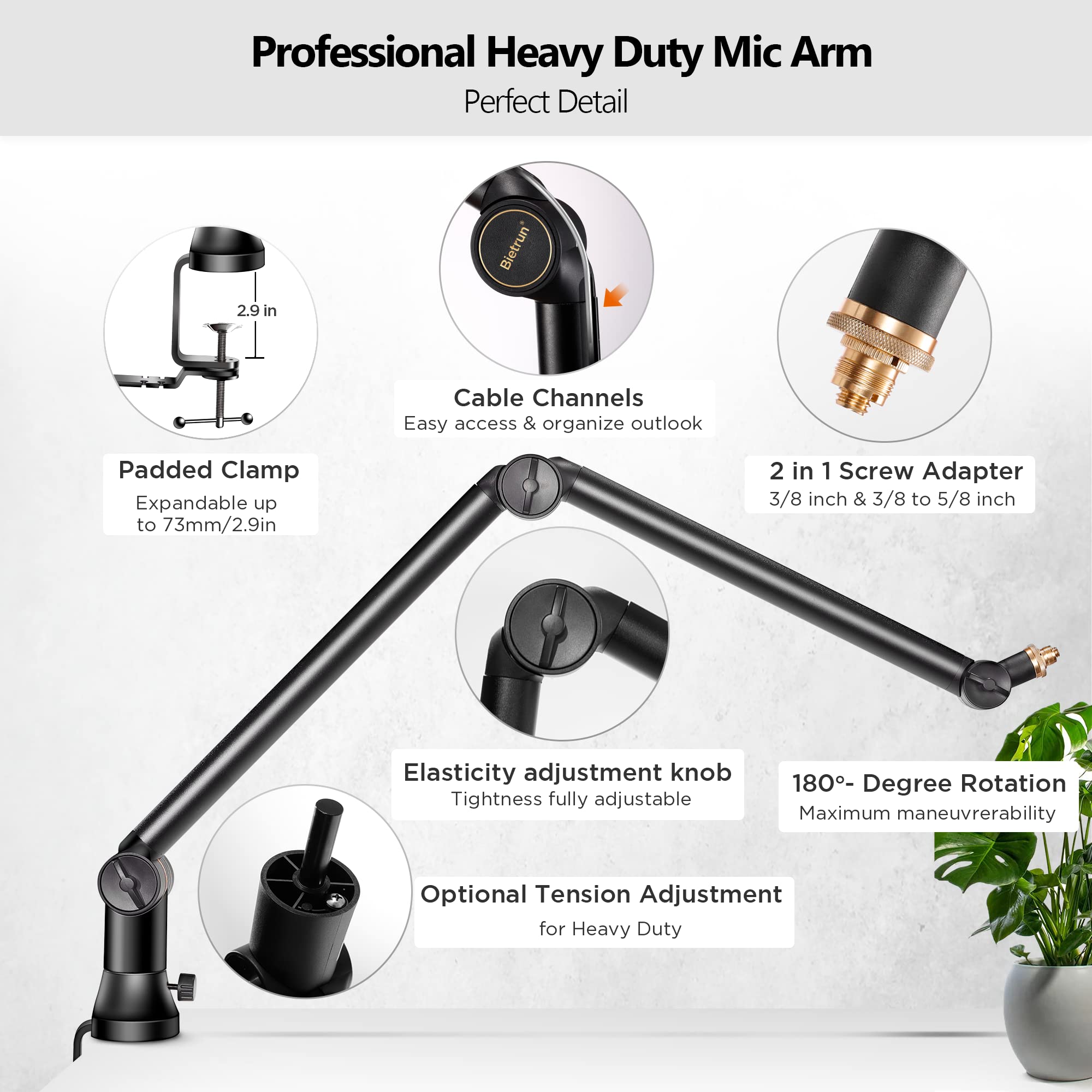 Bietrun Mic Arm Desk Mount(Longer)For Shure Sm7B/Mv7/Blue Yeti/Nano/Hyperx Quadcast, Adjustable 360    Rotatable Universal Heavy