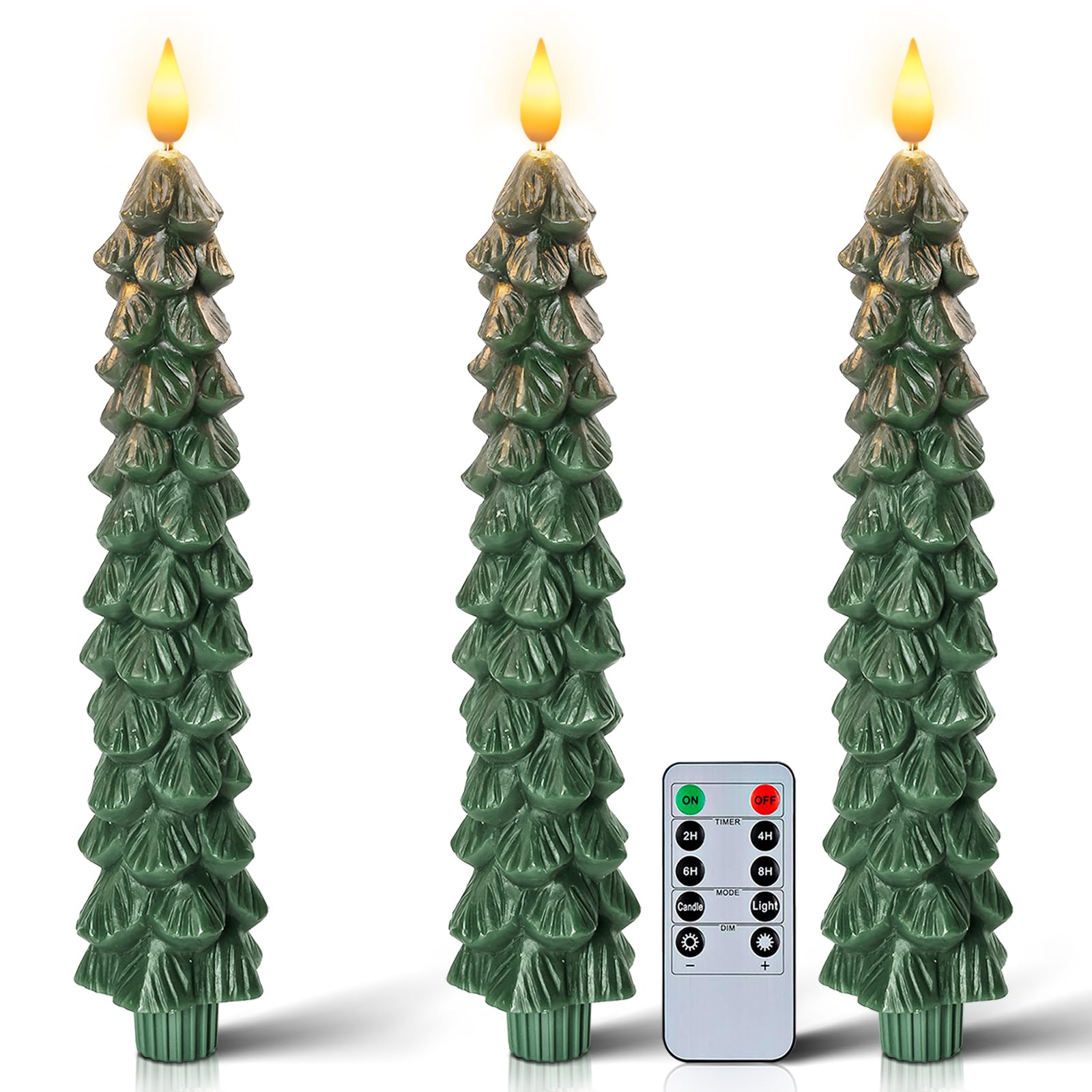 Homemory 3 Pcs Christmas Tree Candles With Remote, Waxy Flameless Taper Candles Flickering, Green Led Candlesticks Battery Opera