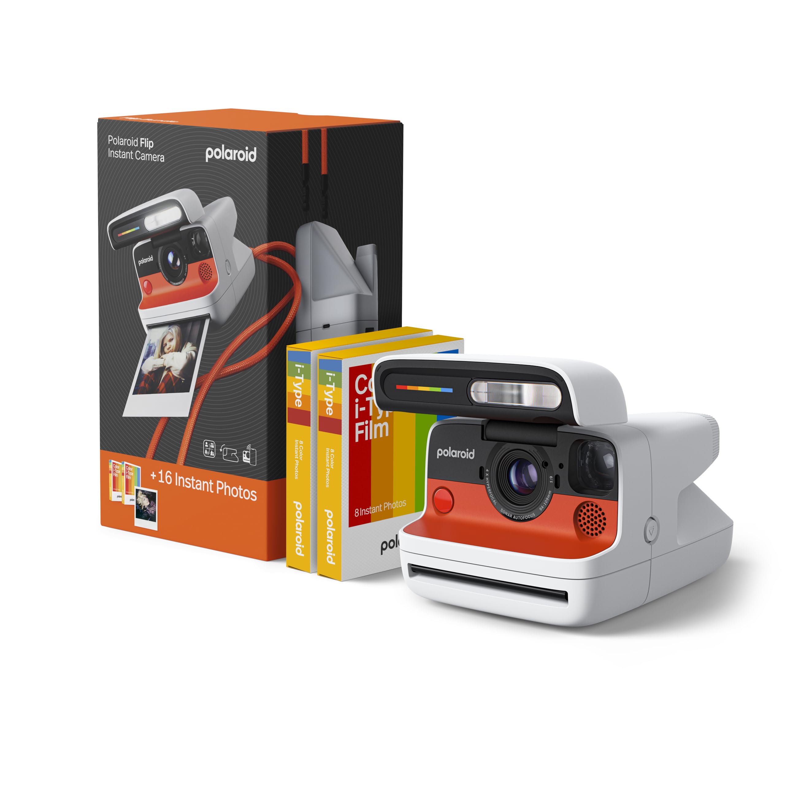 Polaroid Flip Instant Camera + Color Film Bundle (16 Photos Included) - White (6652) - Hyperfocal 4-Lens System, Sonar autofocus