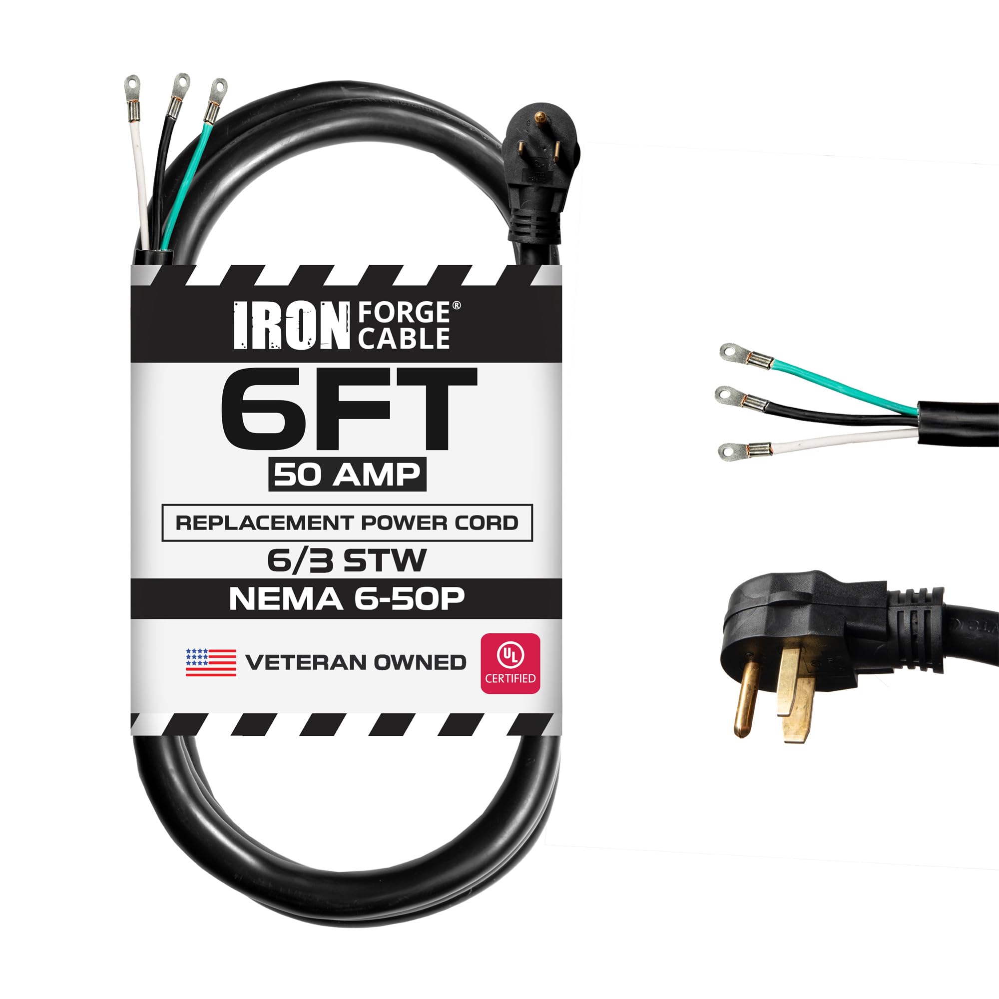 Iron Forge Cable Nema 6 50P Ev Replacement Extension Cord 6 Ft With Open End, 50 Amp Power Cable With Eyelet 3 Wire 6/3 Gauge Co